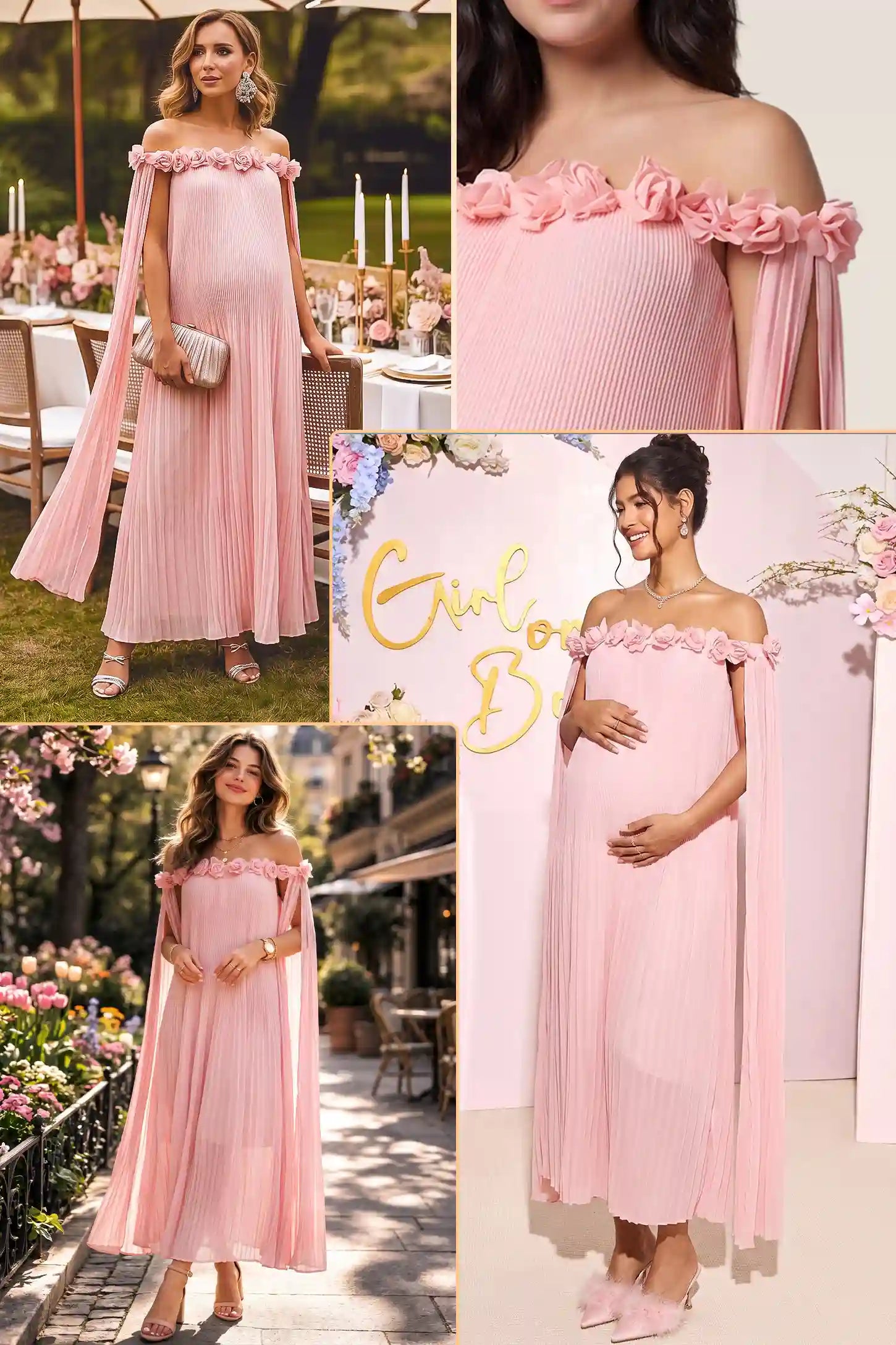 Pleated Off-Shoulder Maternity Gown with Rosettes Pleated Off-Shoulder Maternity Gown with Rosettes in Pink with pleated details, lifestyle view on a pregnant model.