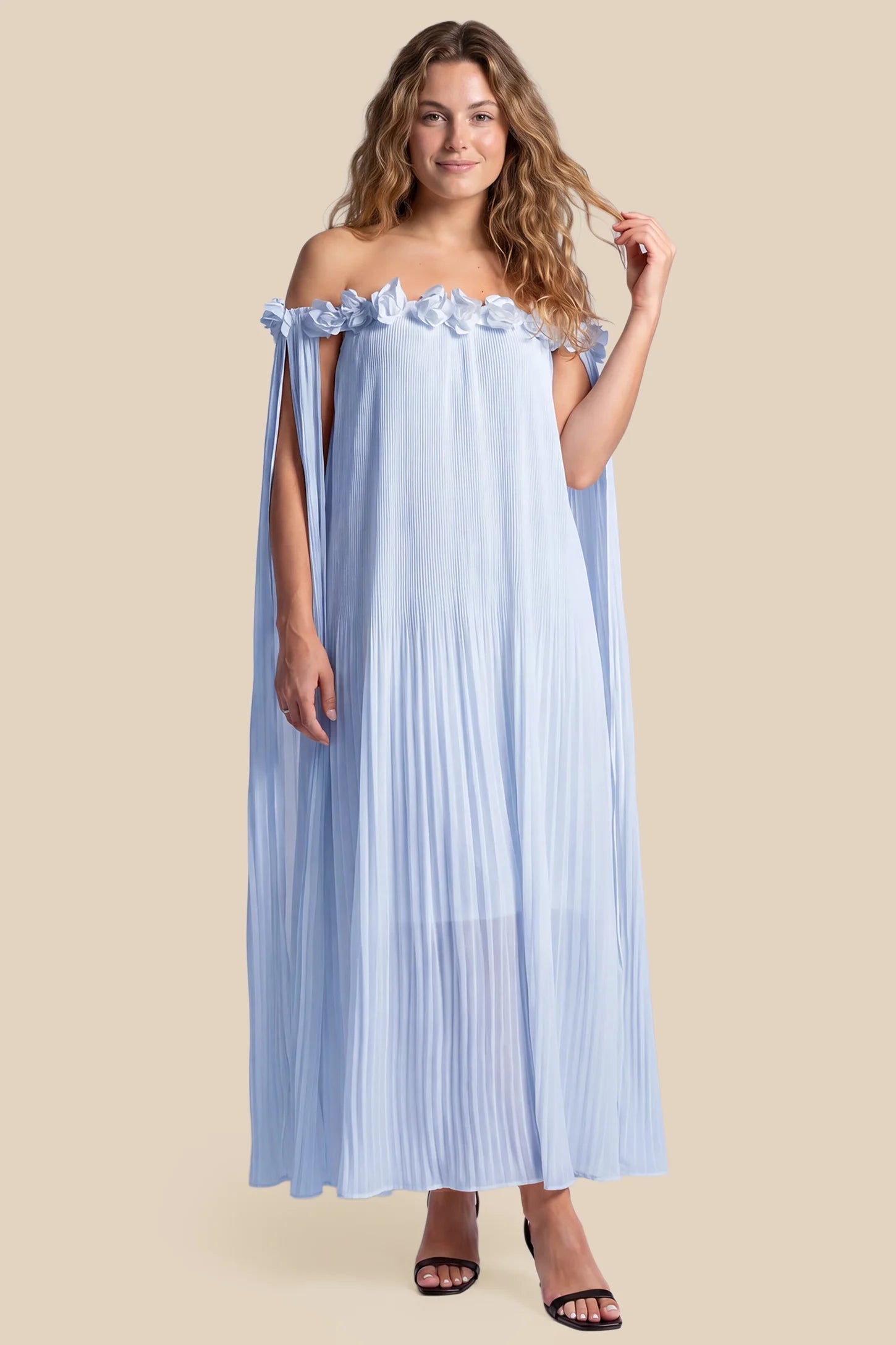 Pleated Off-Shoulder Maternity Gown with Rosettes Pleated Off-Shoulder Maternity Gown with Rosettes in Skye Blue with romantic rosette details, front view on a non pregnant model.