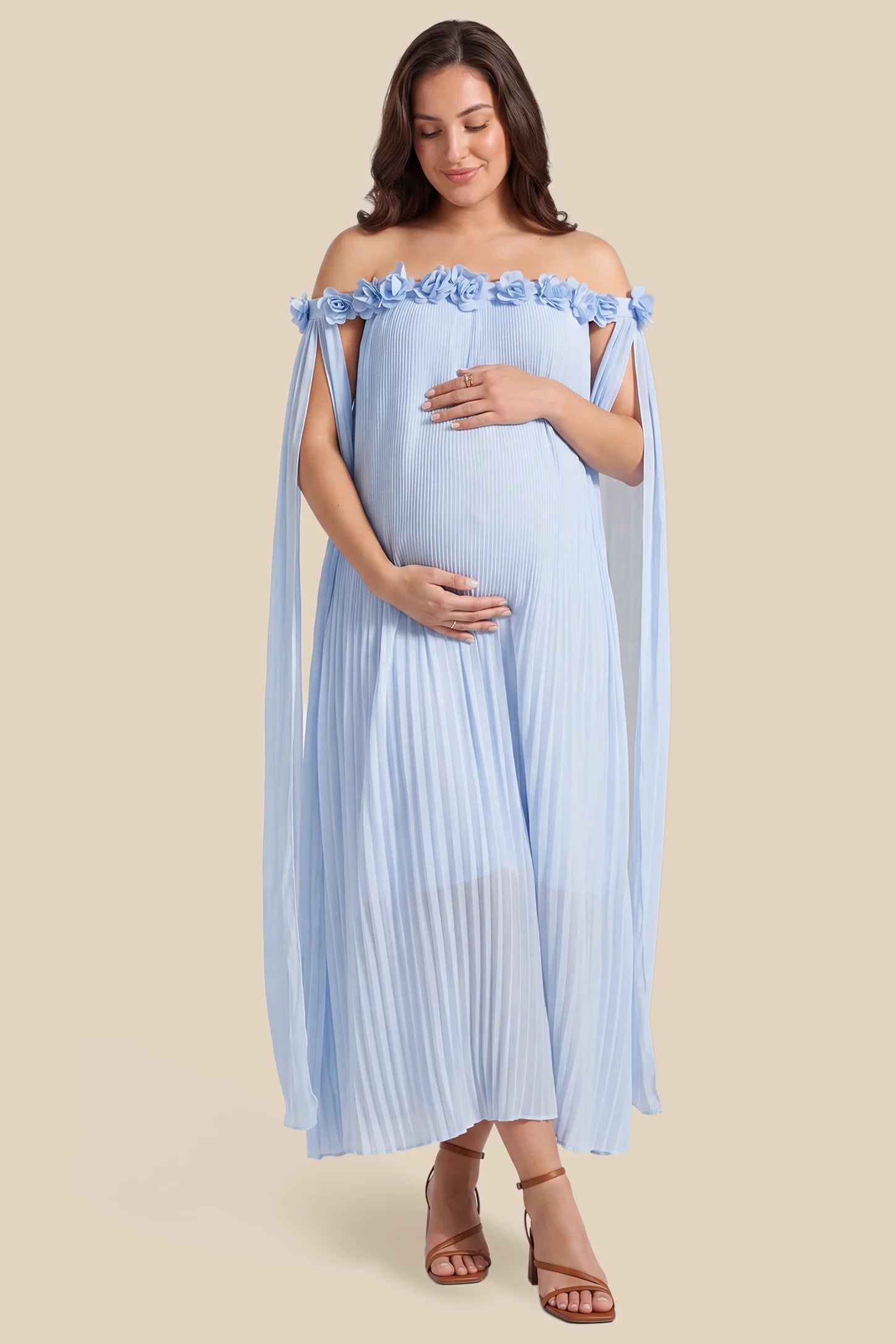 Pleated Off-Shoulder Maternity Gown with Rosettes Pleated Off-Shoulder Maternity Gown with Rosettes in Skye Blue with romantic rosette details, front view on a plus-size model.