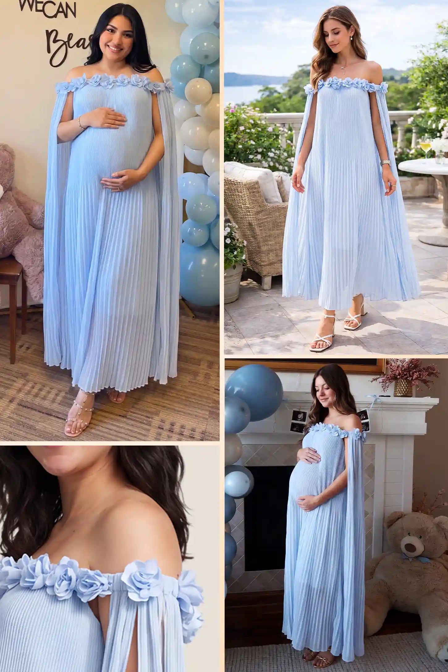 Pleated Off-Shoulder Maternity Gown with Rosettes Pleated Off-Shoulder Maternity Gown with Rosettes in Skye Blue with pleated details, lifestyle view on a pregnant model.