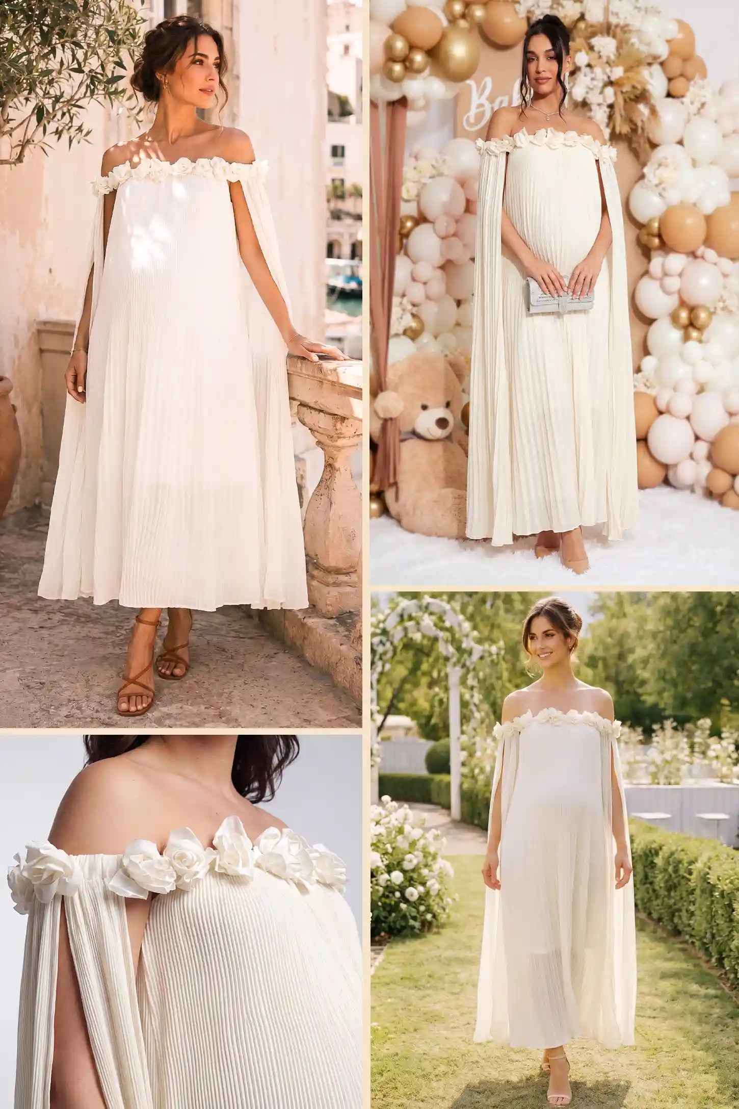Pleated Off-Shoulder Maternity Gown with Rosettes bumpbabe-pleated-off-shoulder-maternity-gown-with-rosettes-white-lifestyle