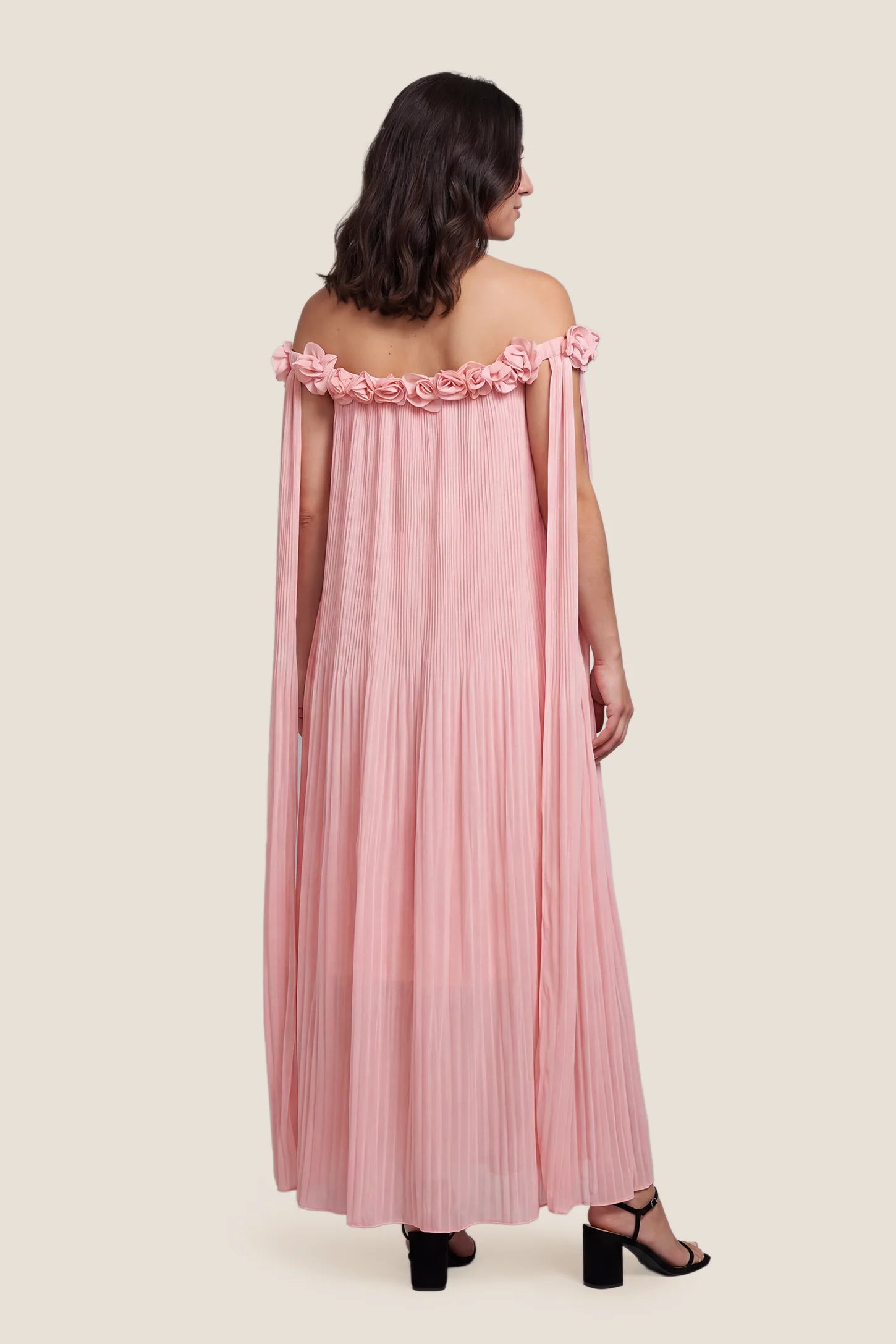 Pleated Off-Shoulder Maternity Gown with Rosettes