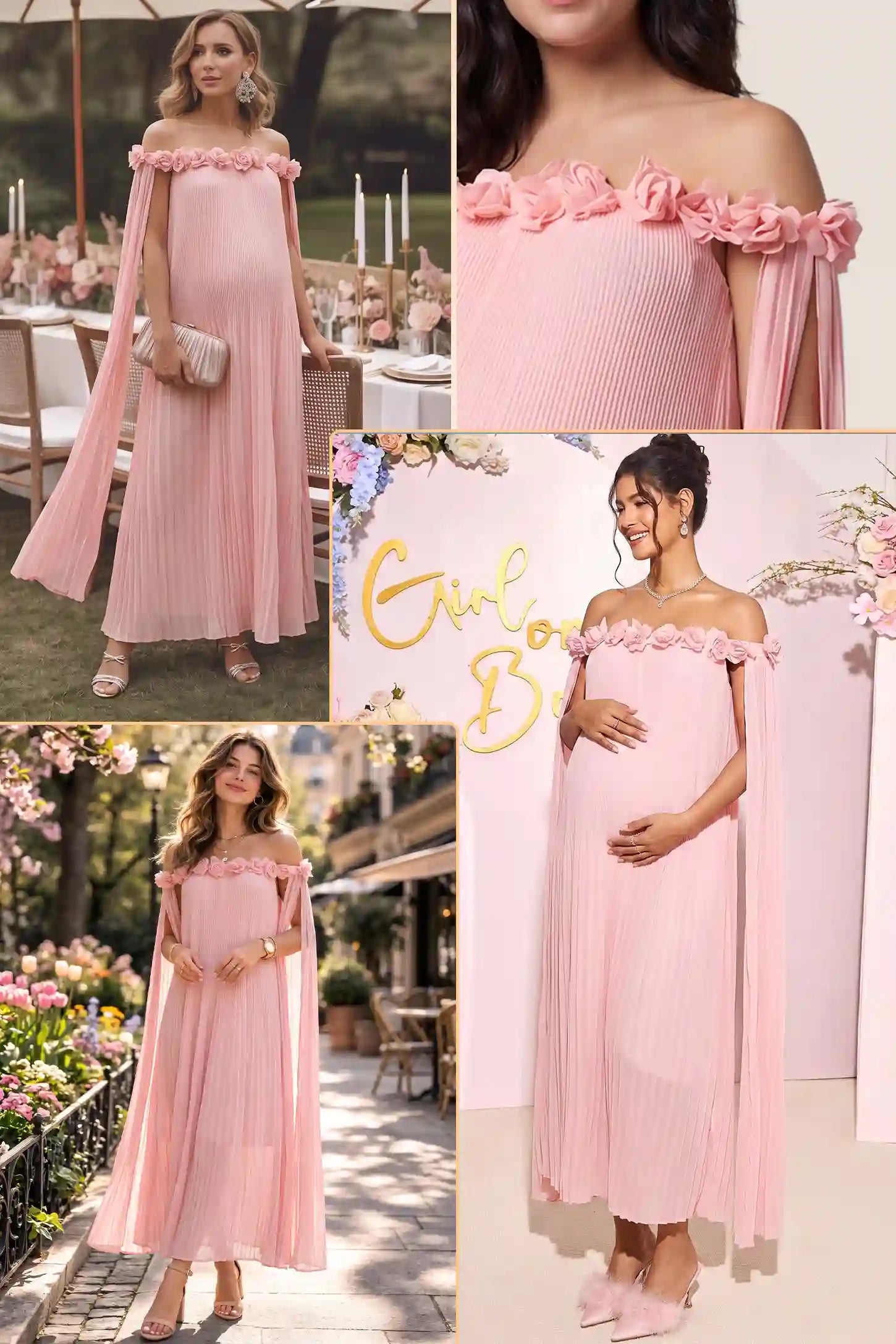 Pleated Off-Shoulder Maternity Gown with Rosettes
