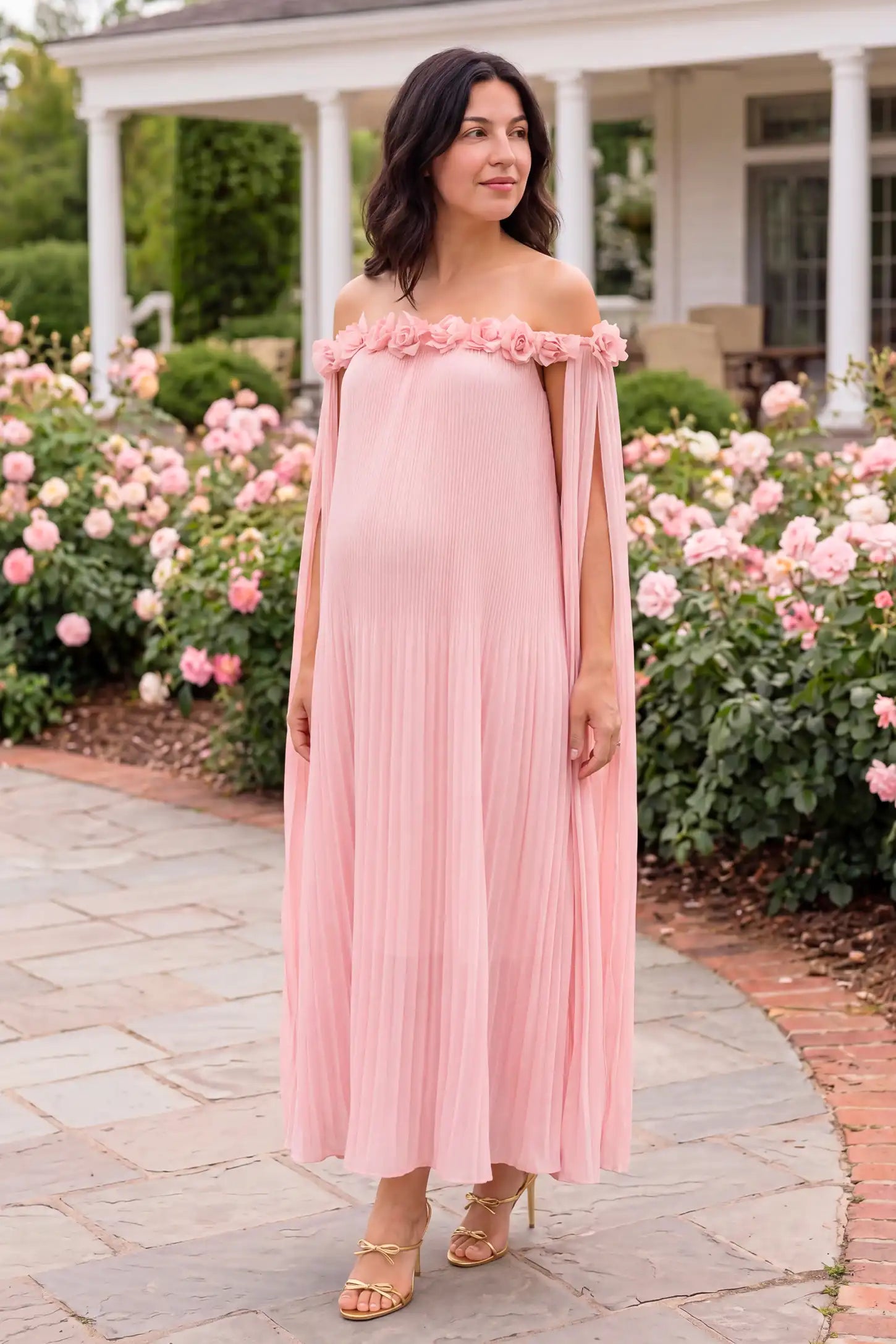 Pleated Off-Shoulder Maternity Gown with Rosettes