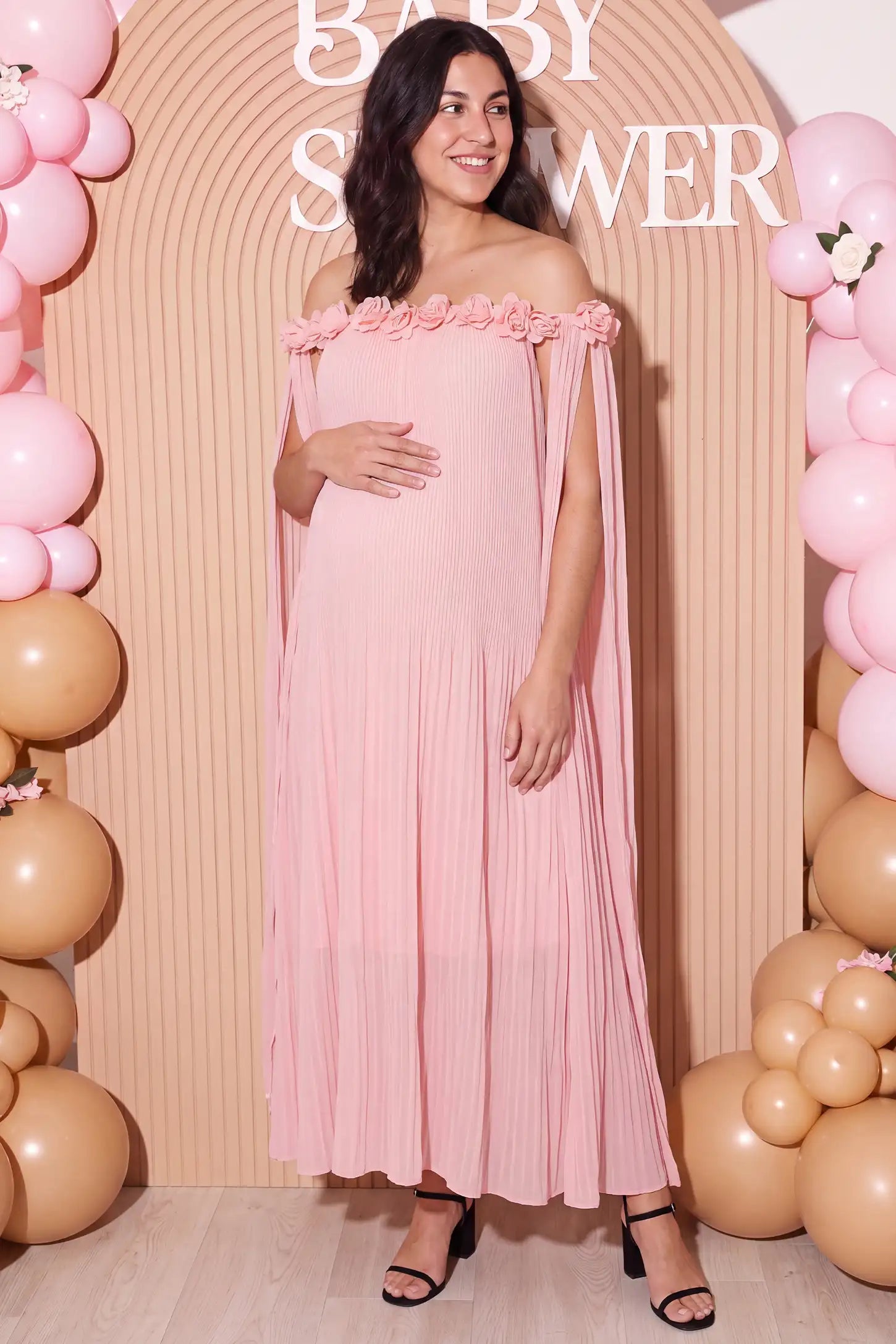 Pleated Off-Shoulder Maternity Gown with Rosettes