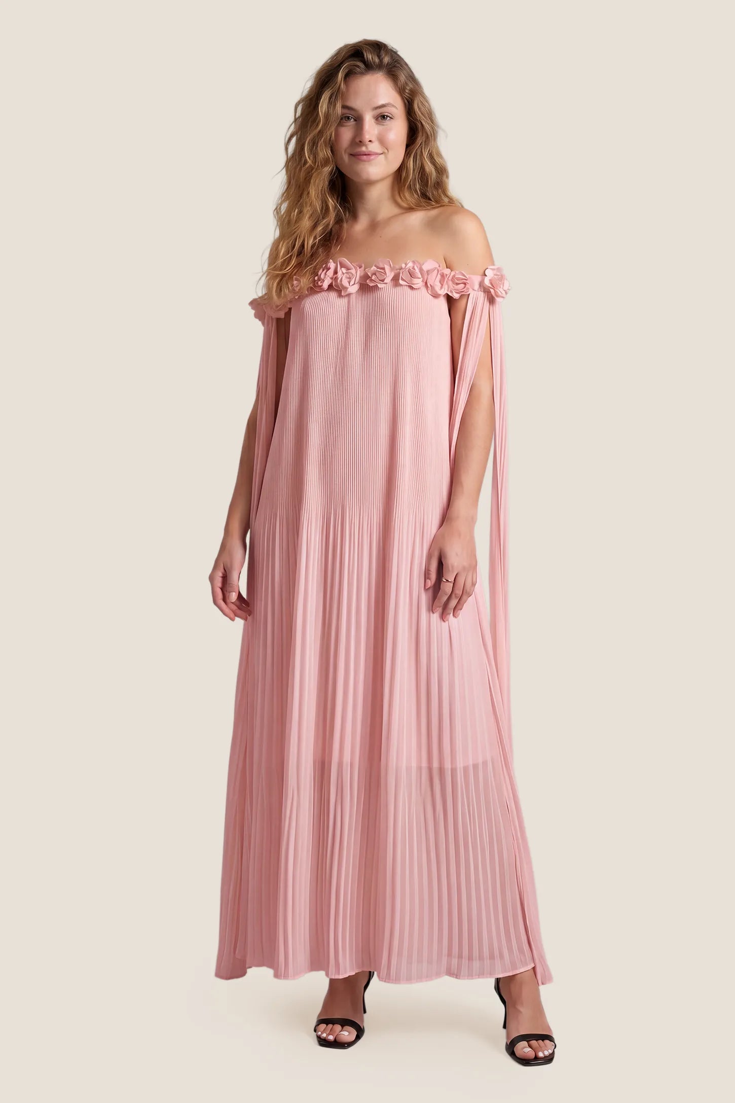 Pleated Off-Shoulder Maternity Gown with Rosettes