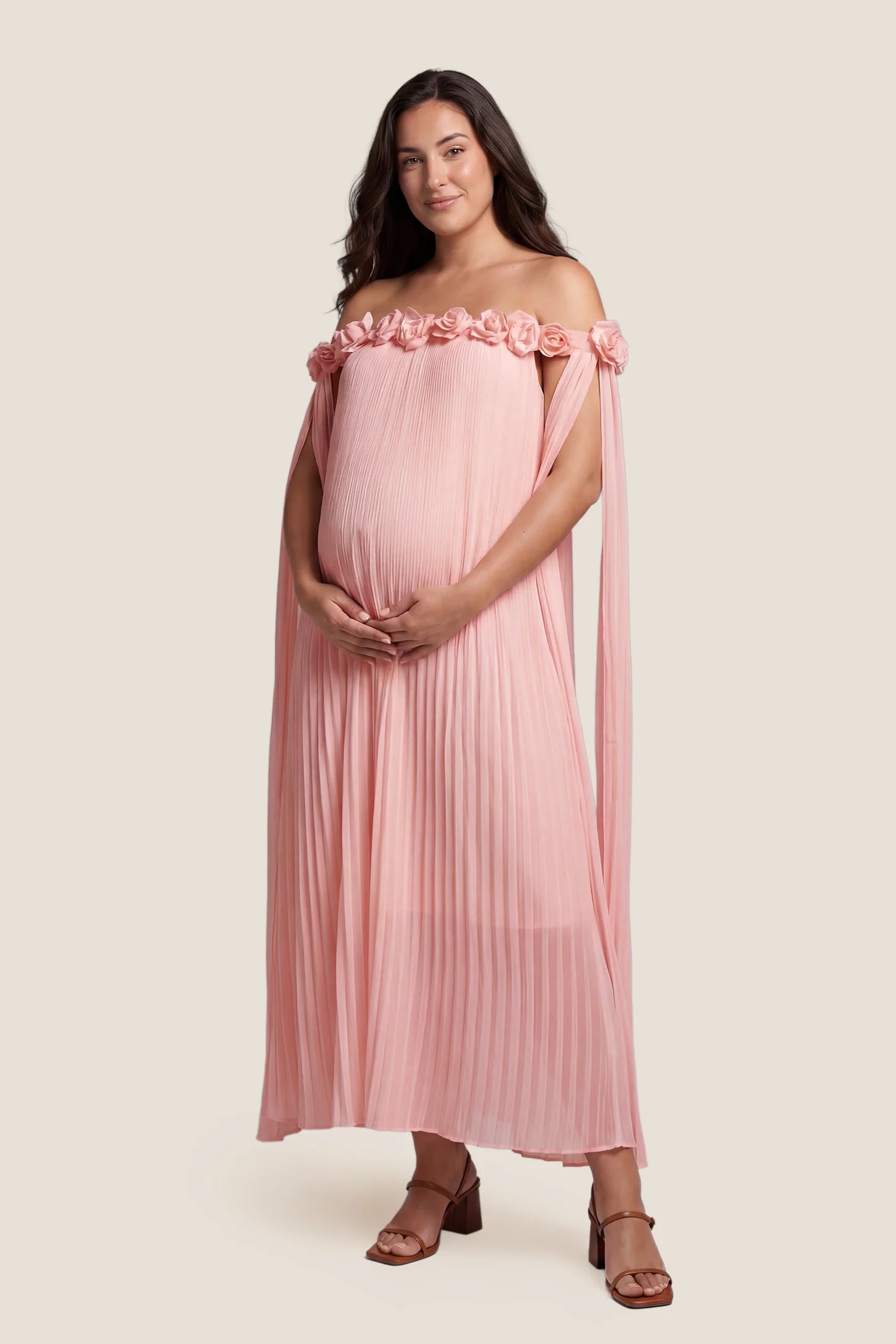 Pleated Off-Shoulder Maternity Gown with Rosettes