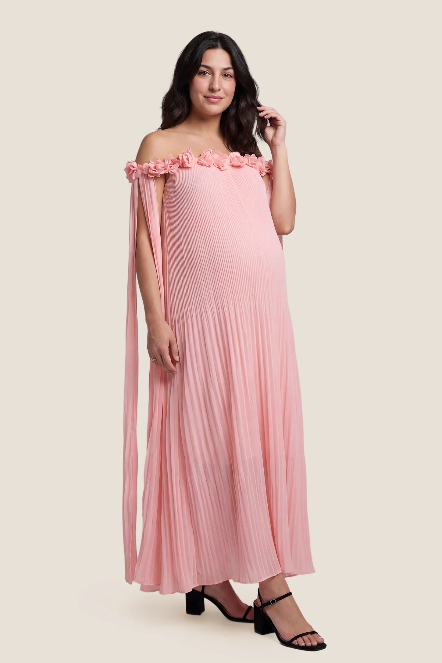 Pleated Off-Shoulder Maternity Gown with Rosettes
