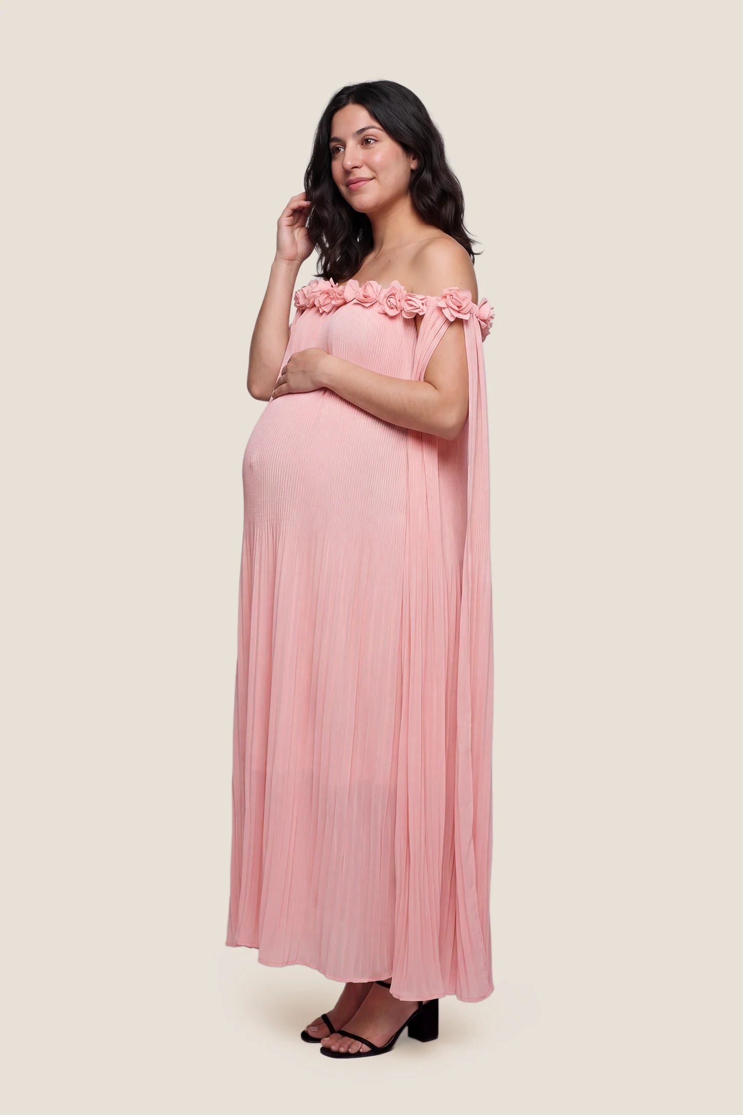 Pleated Off-Shoulder Maternity Gown with Rosettes
