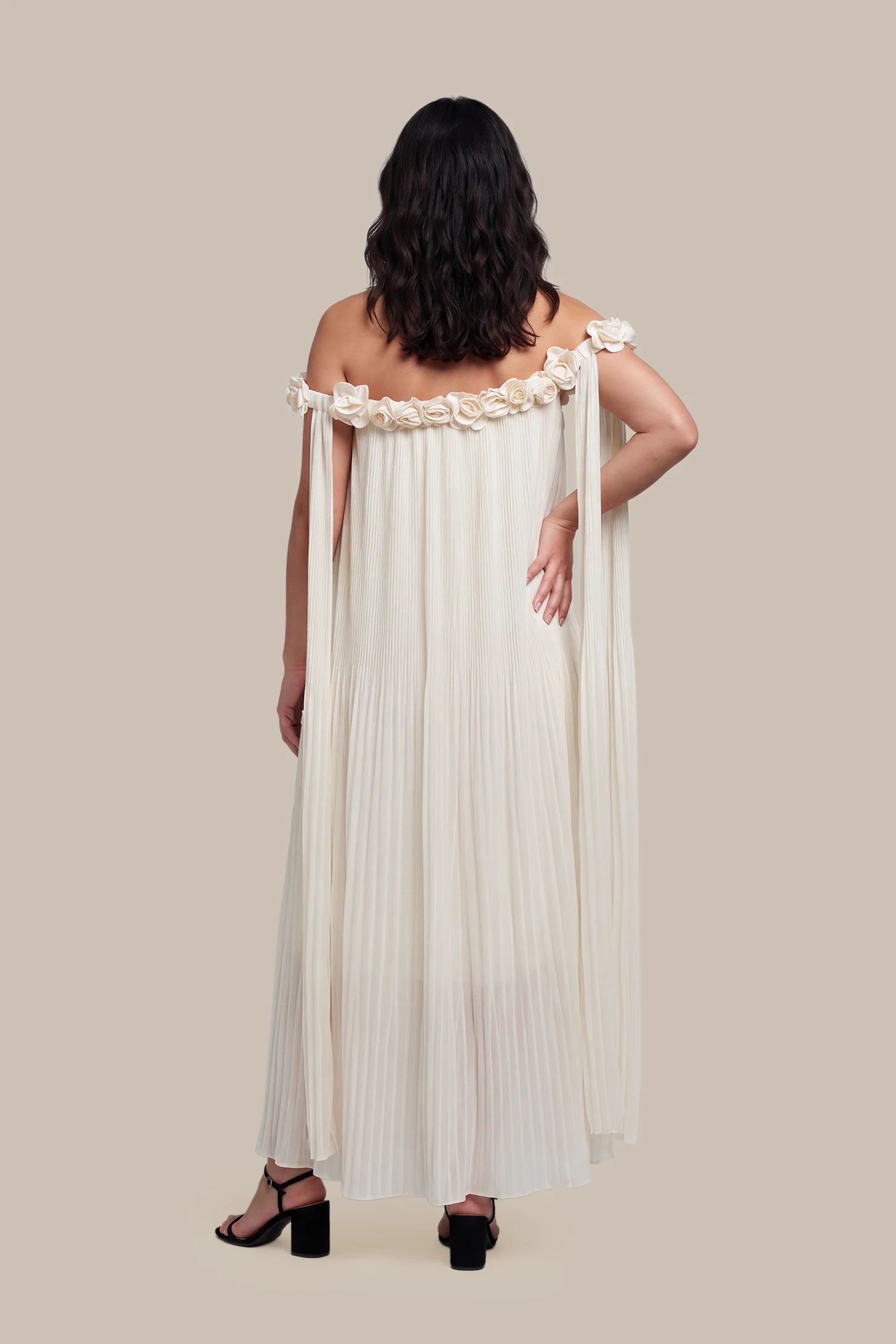 Pleated Off-Shoulder Maternity Gown with Rosettes