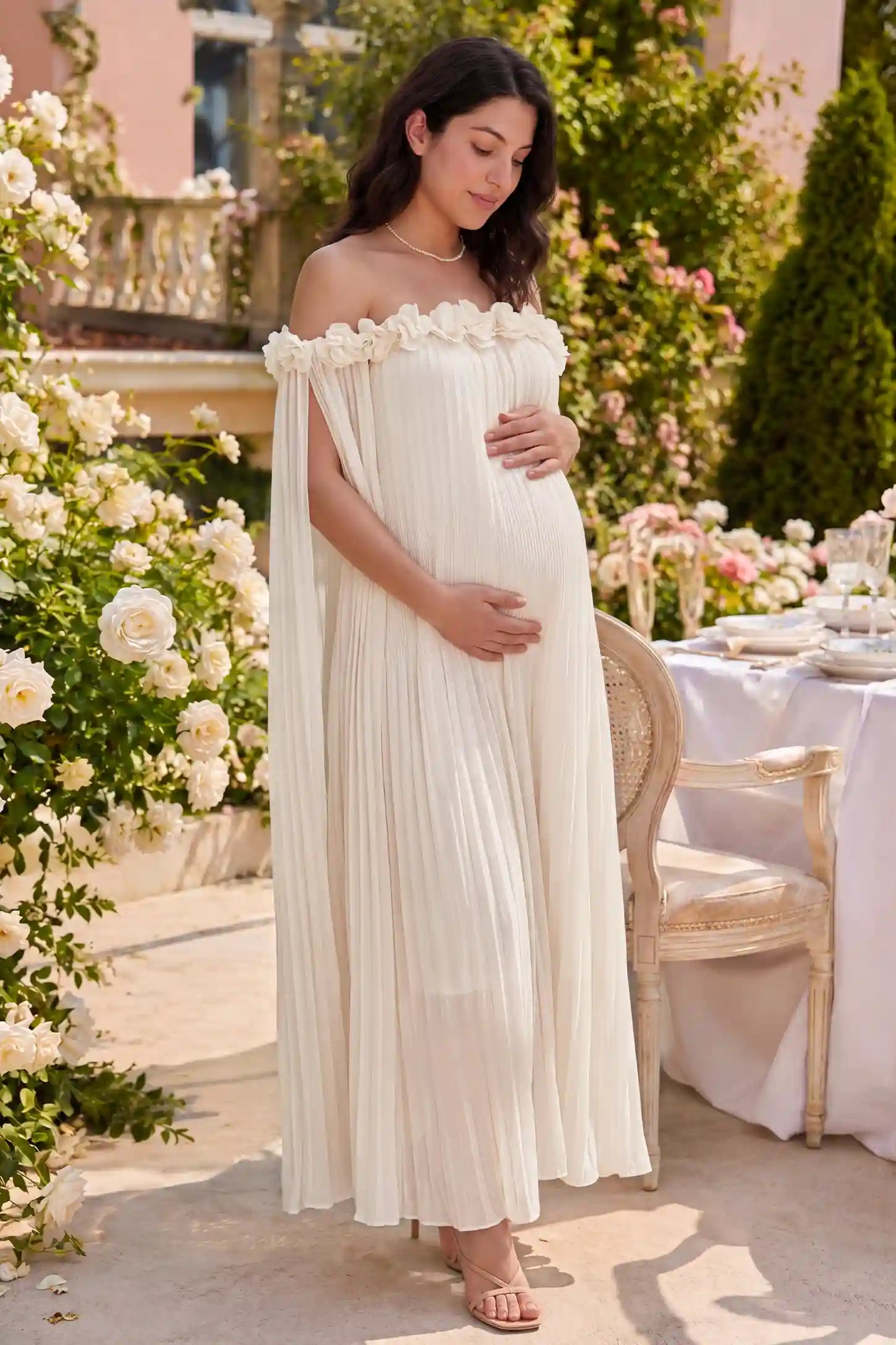 Pleated Off-Shoulder Maternity Gown with Rosettes