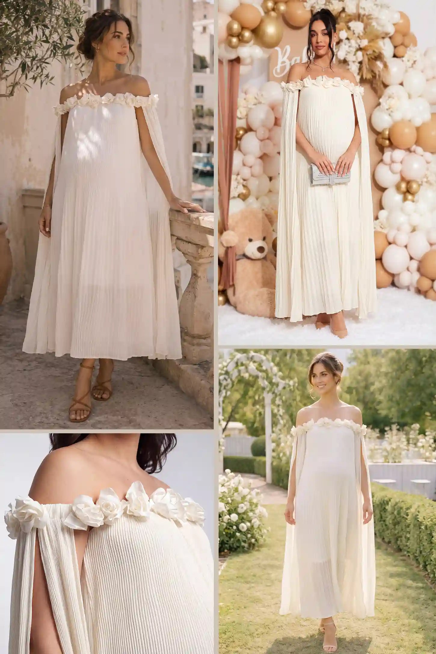 Pleated Off-Shoulder Maternity Gown with Rosettes