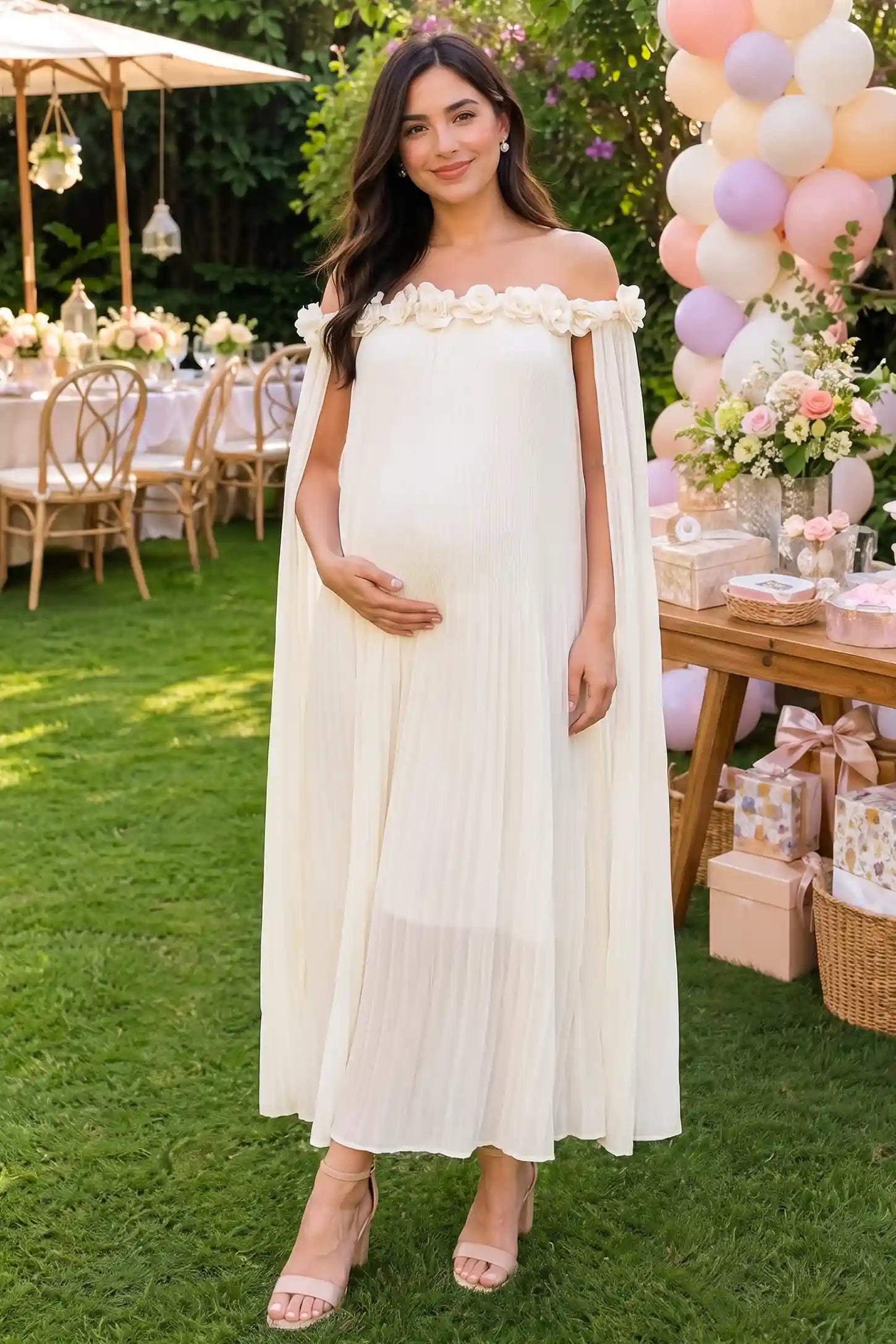Pleated Off-Shoulder Maternity Gown with Rosettes