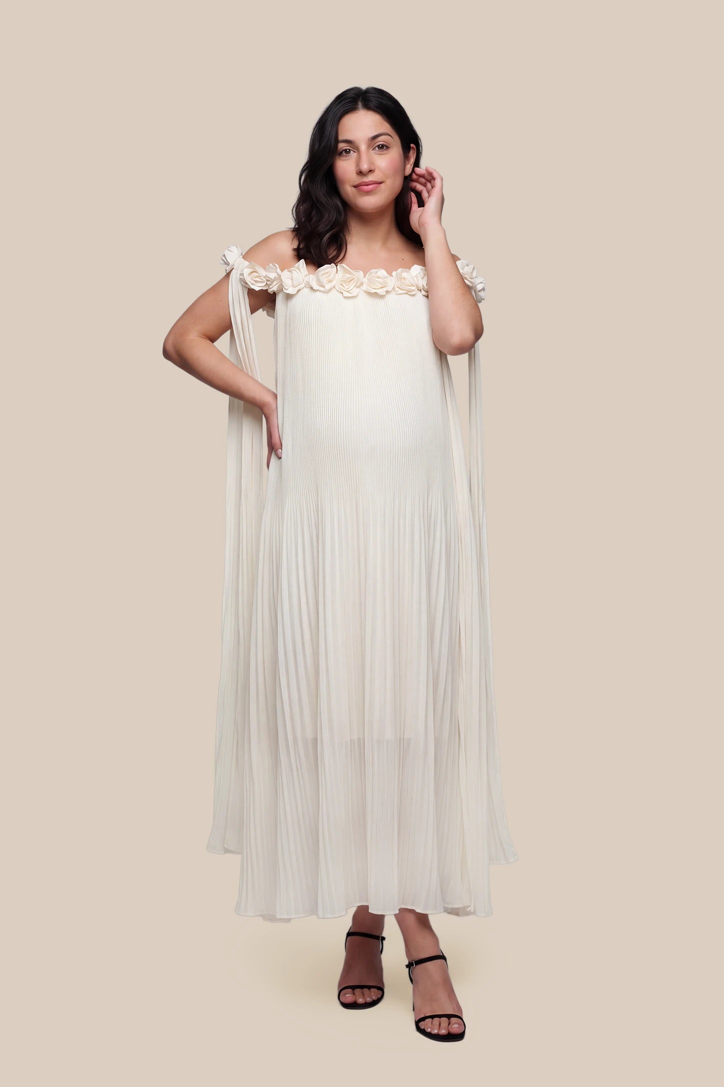 Pleated Off-Shoulder Maternity Gown with Rosettes