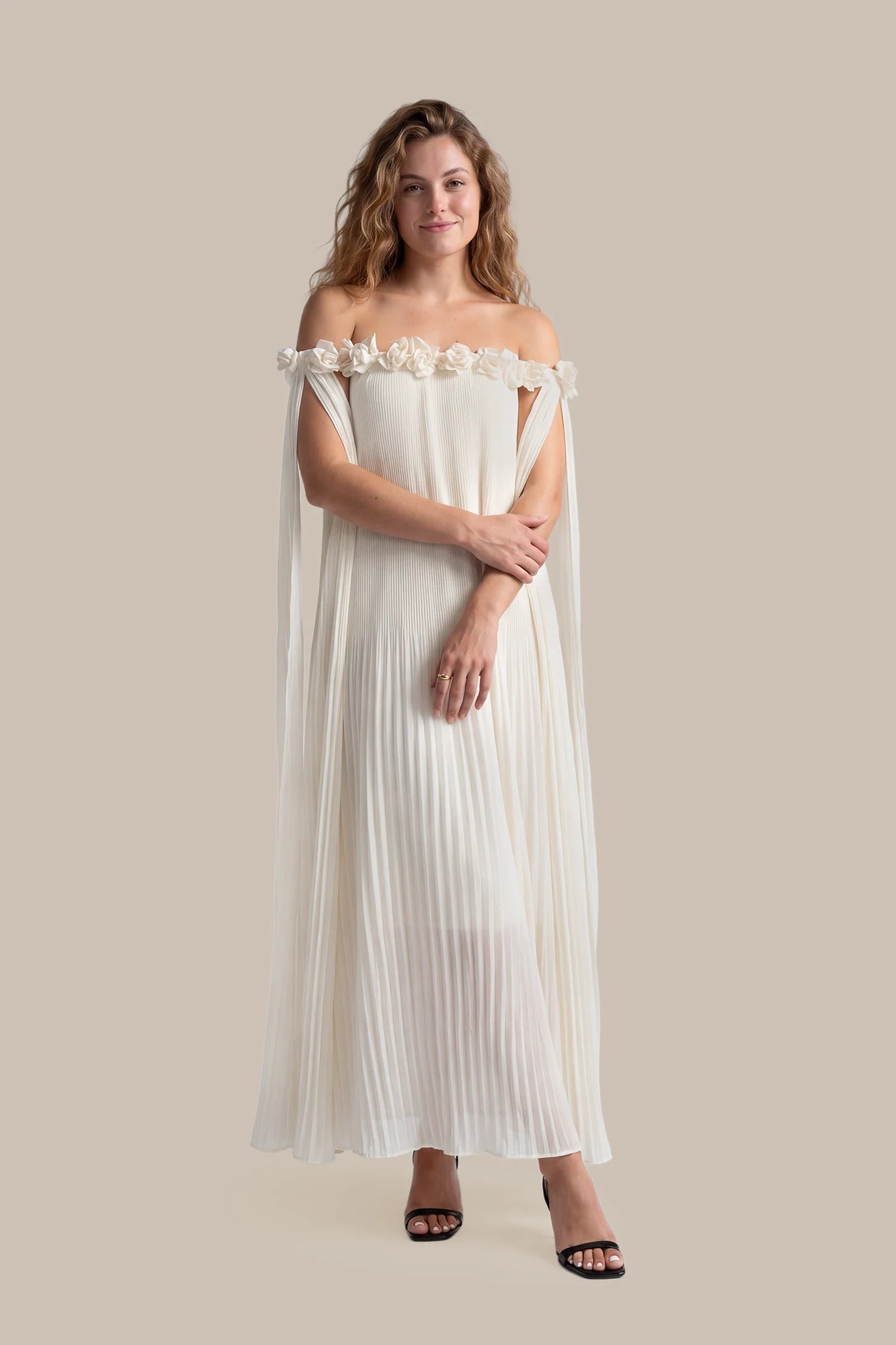 Pleated Off-Shoulder Maternity Gown with Rosettes
