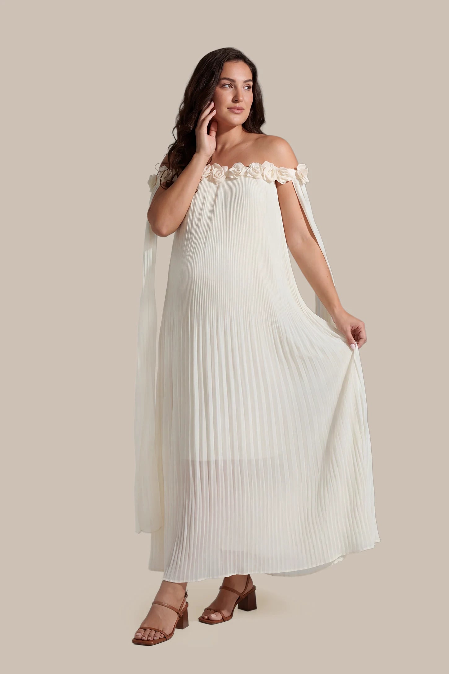 Pleated Off-Shoulder Maternity Gown with Rosettes