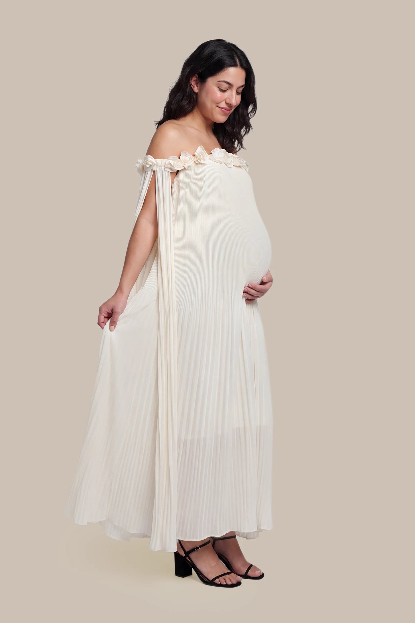 Pleated Off-Shoulder Maternity Gown with Rosettes