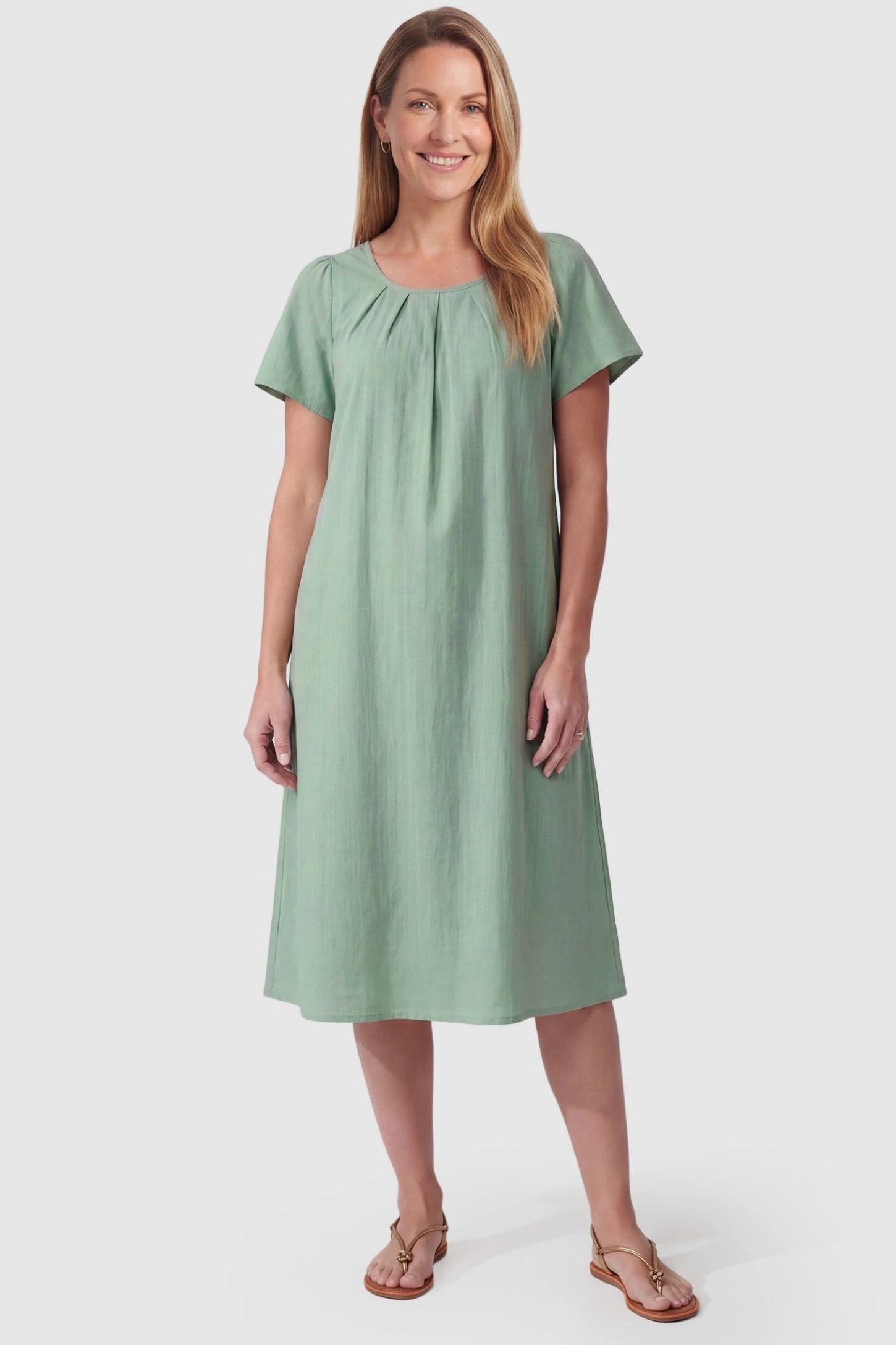 Pleated Round Neck Flowy Midi Maternity Dress Pleated Round Neck Flowy Midi Maternity Dress in Lake Blue featuring a versatile drape on a postpartum model, front view.