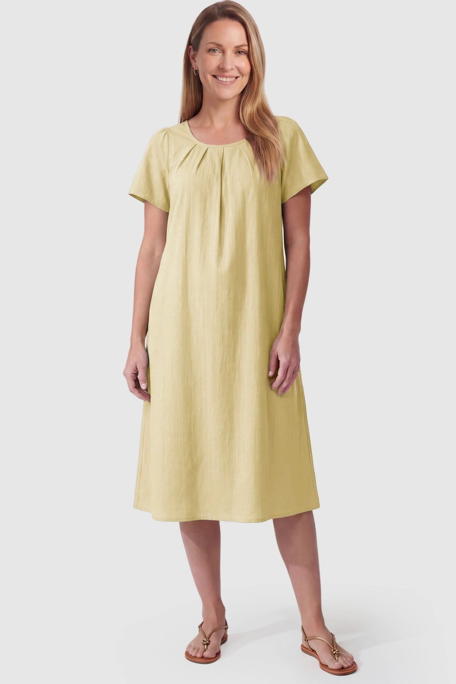 Pleated Round Neck Flowy Midi Maternity Dress Pleated Round Neck Flowy Midi Maternity Dress in Yellow featuring a versatile drape on a postpartum model, front view.