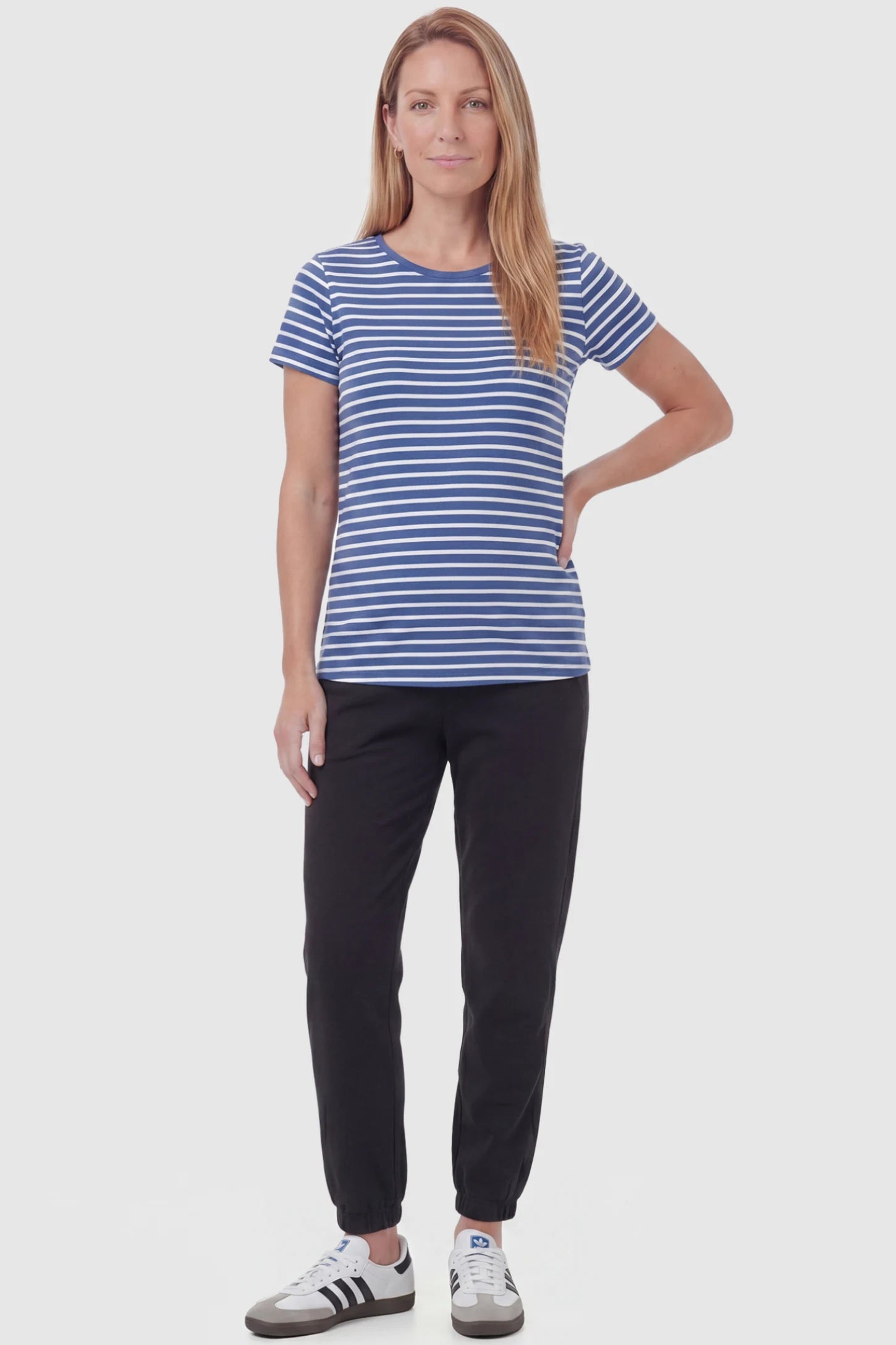 Full Panel Pocketed Maternity Jogger Pants Full Panel Pocketed Maternity Jogger Pants in Black featuring a jersey belly panel on a postpartum model, front view.