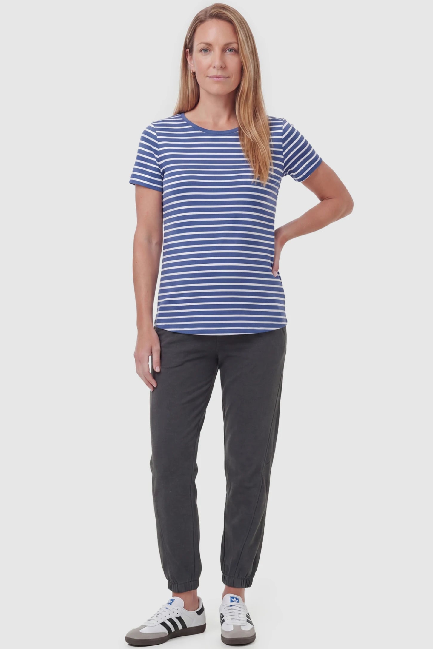 Full Panel Pocketed Maternity Jogger Pants Full Panel Pocketed Maternity Jogger Pants in Dark Gray featuring a jersey belly panel on a postpartum model, front view.
