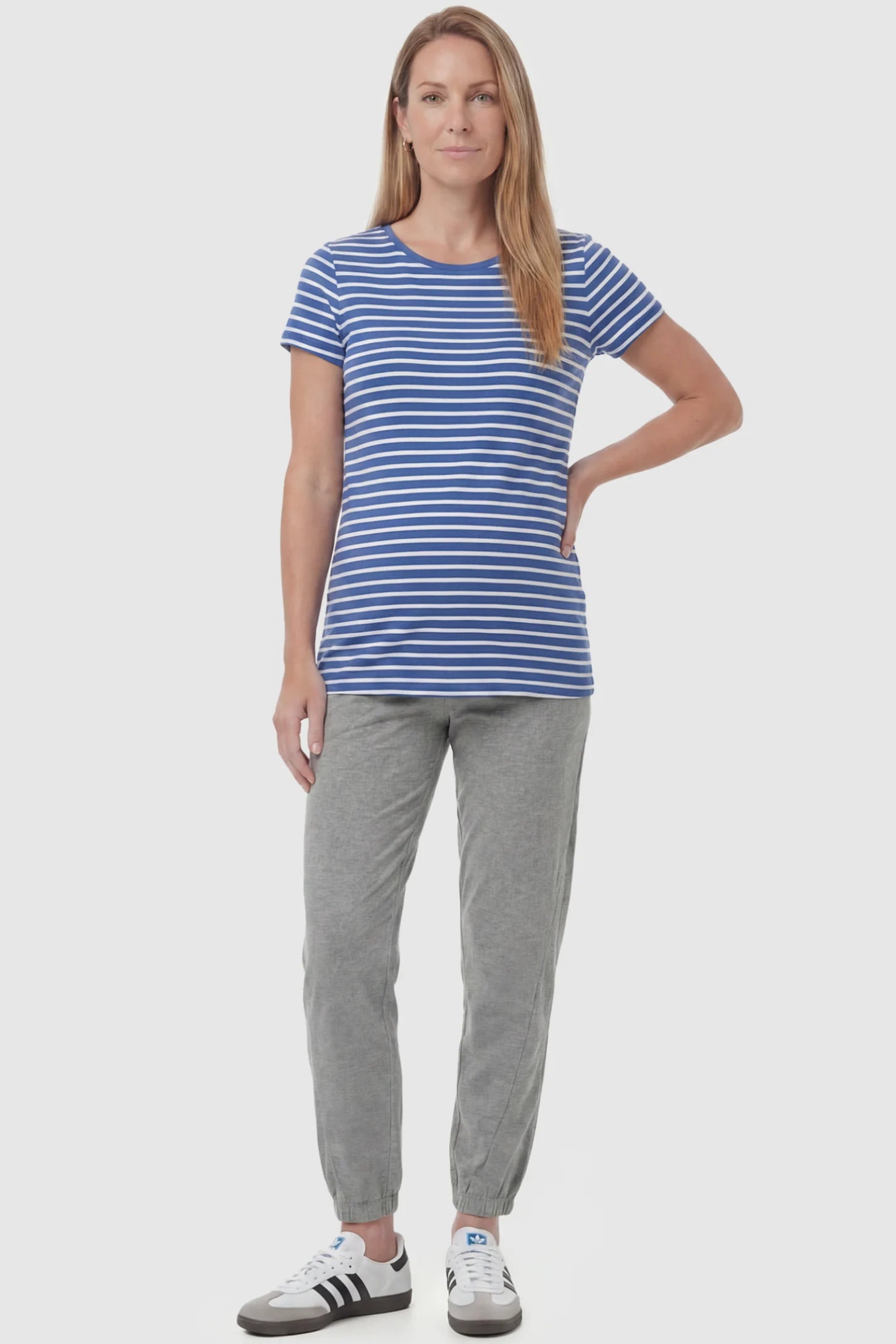 Full Panel Pocketed Maternity Jogger Pants Full Panel Pocketed Maternity Jogger Pants in Light Gray featuring a jersey belly panel on a postpartum model, front view.