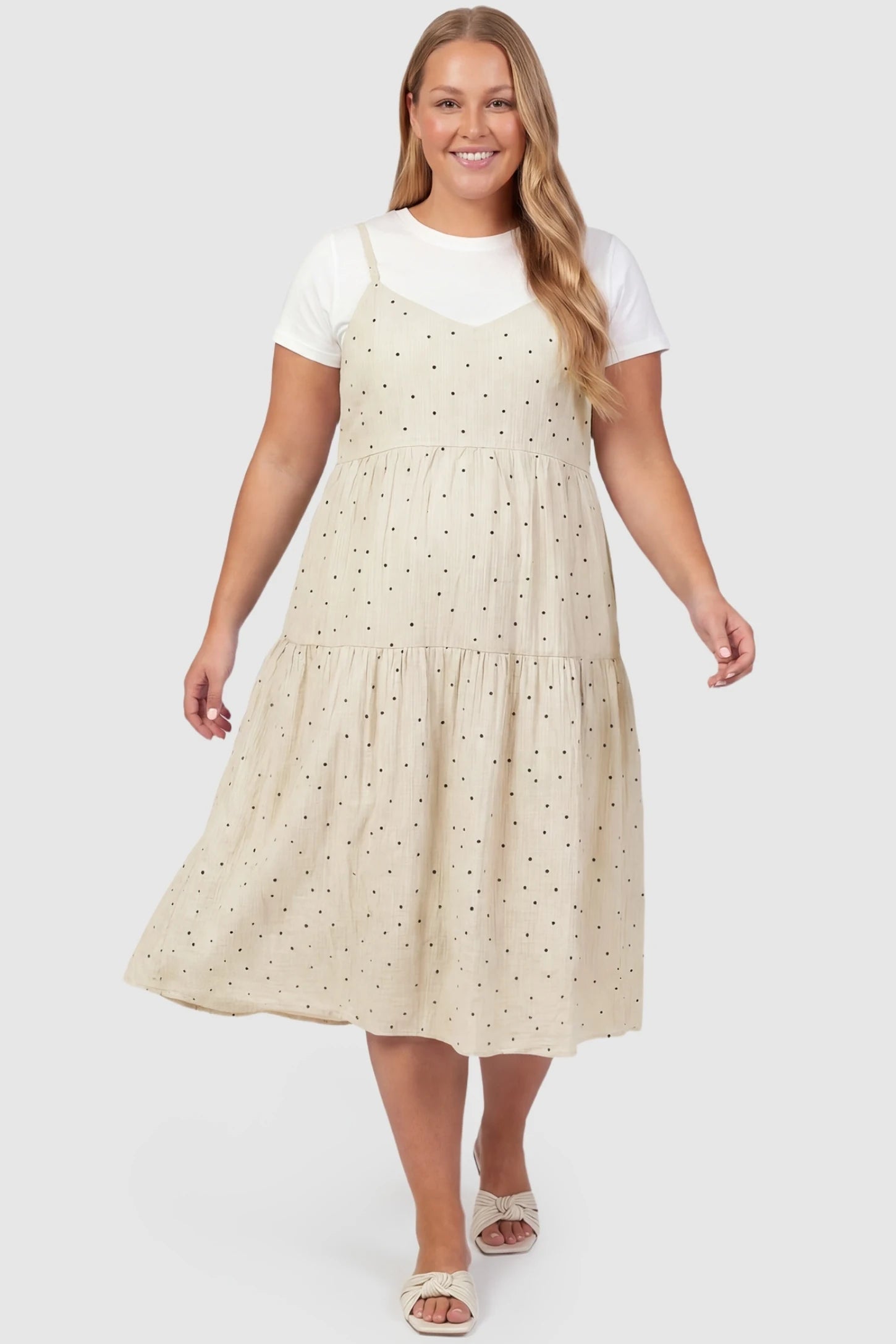 Polka Dot Round Neck Tiered Midi Maternity Dress Polka Dot Round Neck Tiered Midi Maternity Dress in Beige featuring a relaxed tiered silhouette and V-neckline on a plus-size pregnant model, front view.