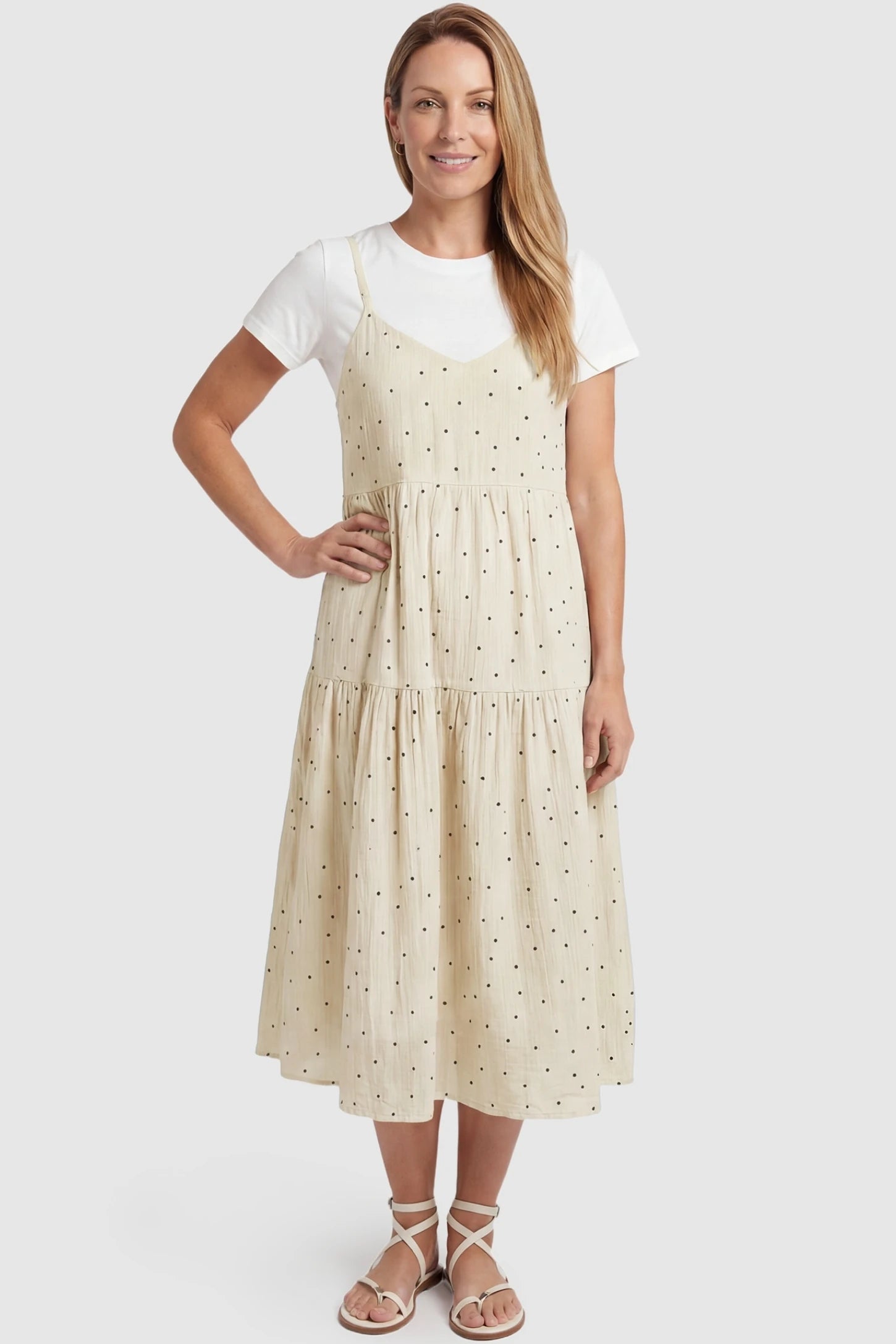 Polka Dot Round Neck Tiered Midi Maternity Dress Polka Dot Round Neck Tiered Midi Maternity Dress in Beige featuring a flattering V-neckline and adjustable straps on a non-pregnant model, front view.