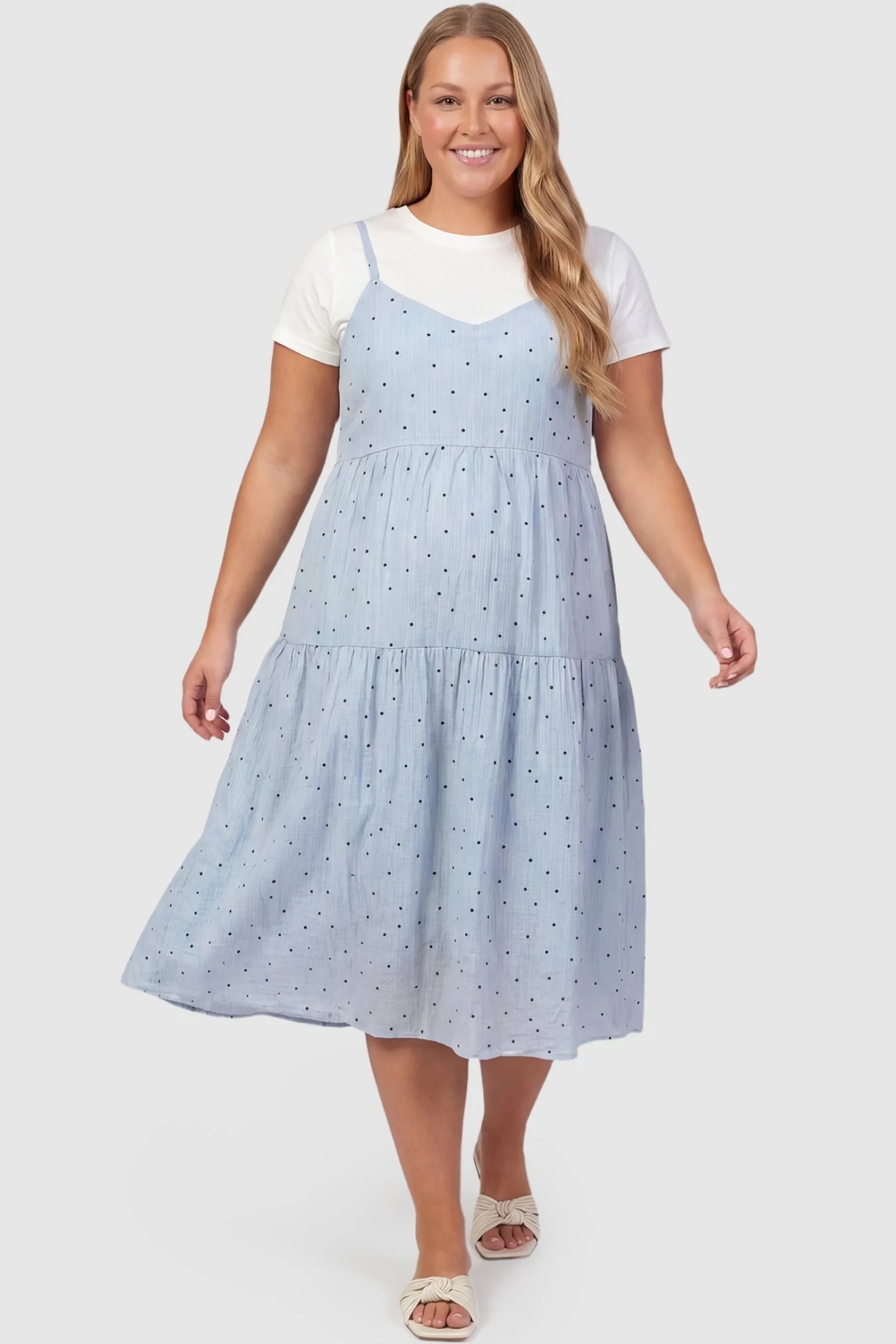 Polka Dot Round Neck Tiered Midi Maternity Dress Polka Dot Round Neck Tiered Midi Maternity Dress in Blue featuring a flared tiered skirt and polka dot print on a plus-size pregnant model, front view.
