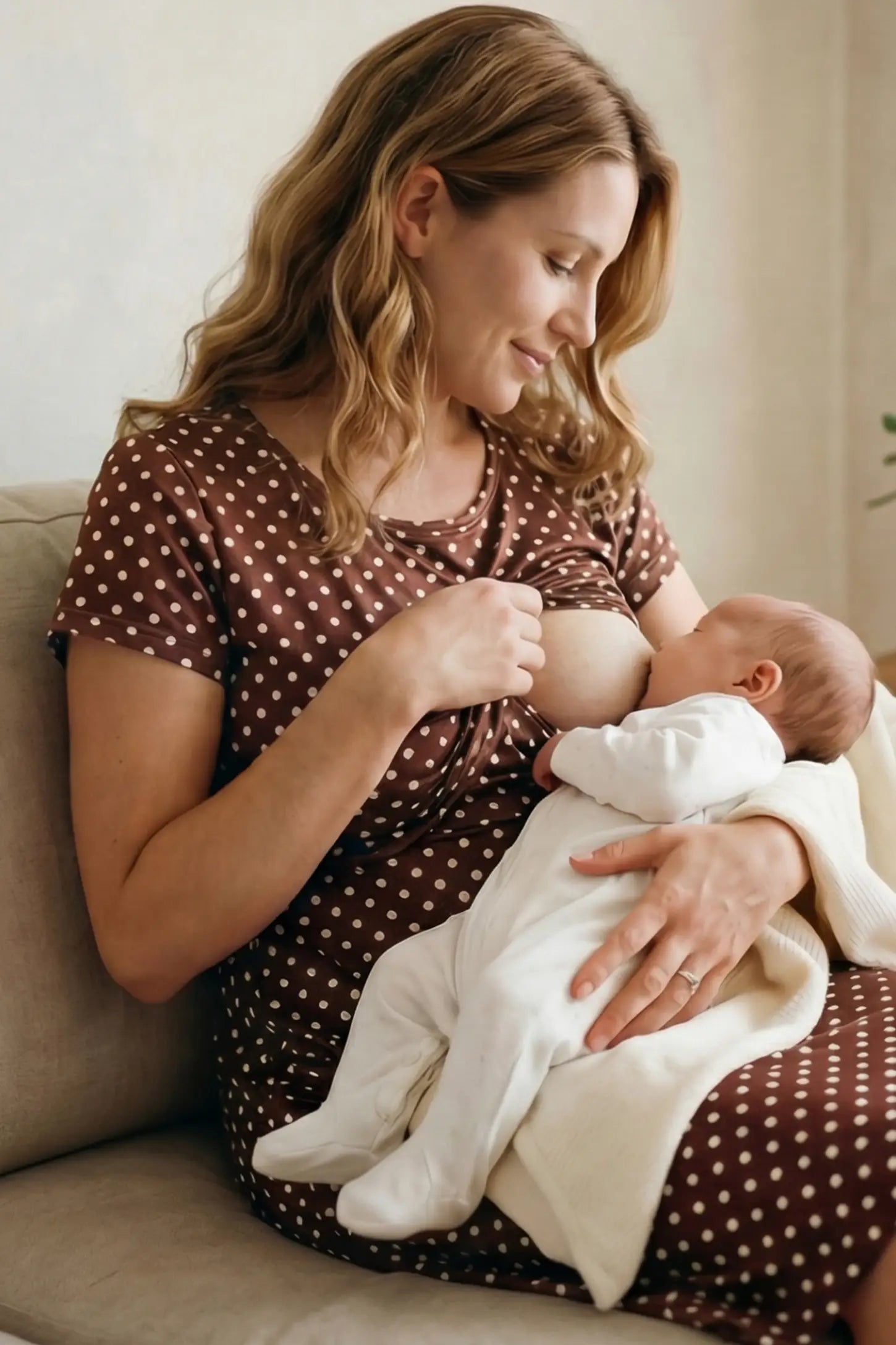 Polka Dot Scoop Neck Maternity Nursing Dress Polka Dot Scoop Neck Midi Maternity Nursing Dress in Brown features how the nursing access works while relaxed at home with a baby.