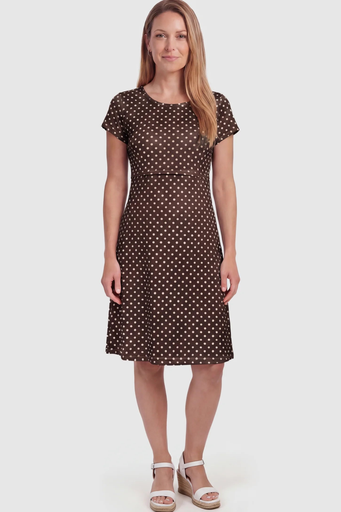 Polka Dot Scoop Neck Maternity Nursing Dress Polka Dot Scoop Neck Midi Maternity Nursing Dress in brown featuring a discreet lift-up layer on a postpartum model showing front.