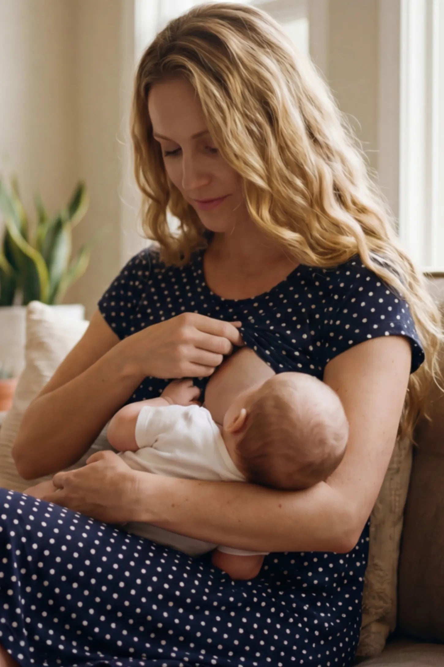 Polka Dot Scoop Neck Maternity Nursing Dress Polka Dot Scoop Neck Midi Maternity Nursing Dress in Navy blue features how the nursing access works while relaxed at home with a baby.