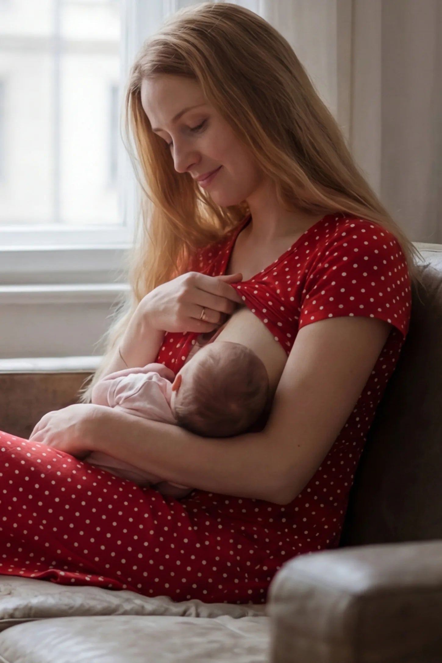 Polka Dot Scoop Neck Maternity Nursing Dress Polka Dot Scoop Neck Midi Maternity Nursing Dress in Red features how the nursing access works while relaxed at home with a baby.