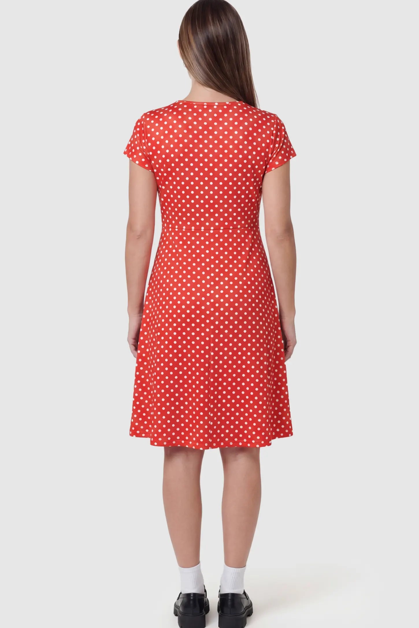 Polka Dot Scoop Neck Maternity Nursing Dress Polka Dot Scoop Neck Midi Maternity Nursing Dress in Red featuring short sleeves on a pregnant model showing back.