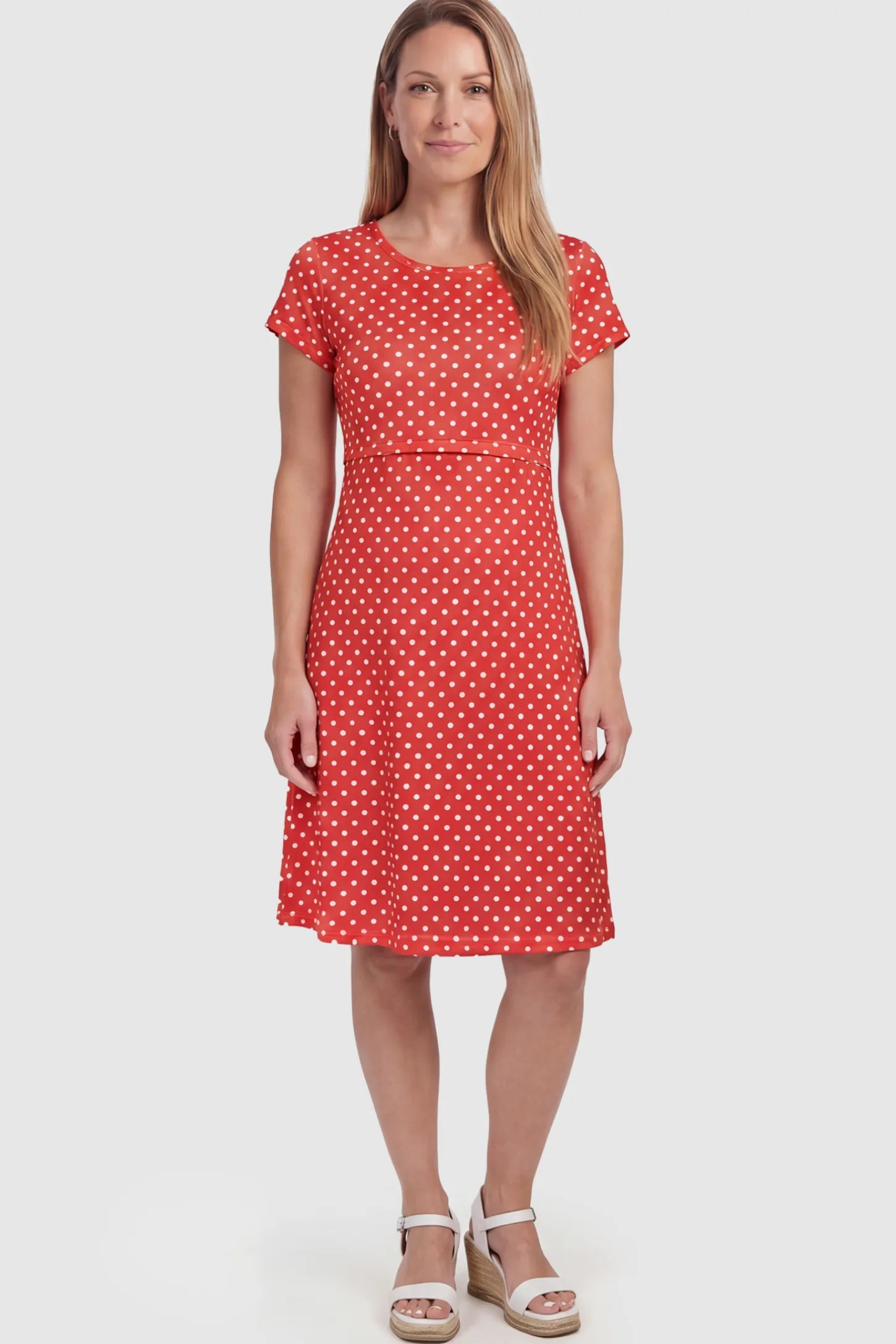 Polka Dot Scoop Neck Maternity Nursing Dress Polka Dot Scoop Neck Midi Maternity Nursing Dress in red featuring a discreet lift-up layer on a postpartum model showing front.