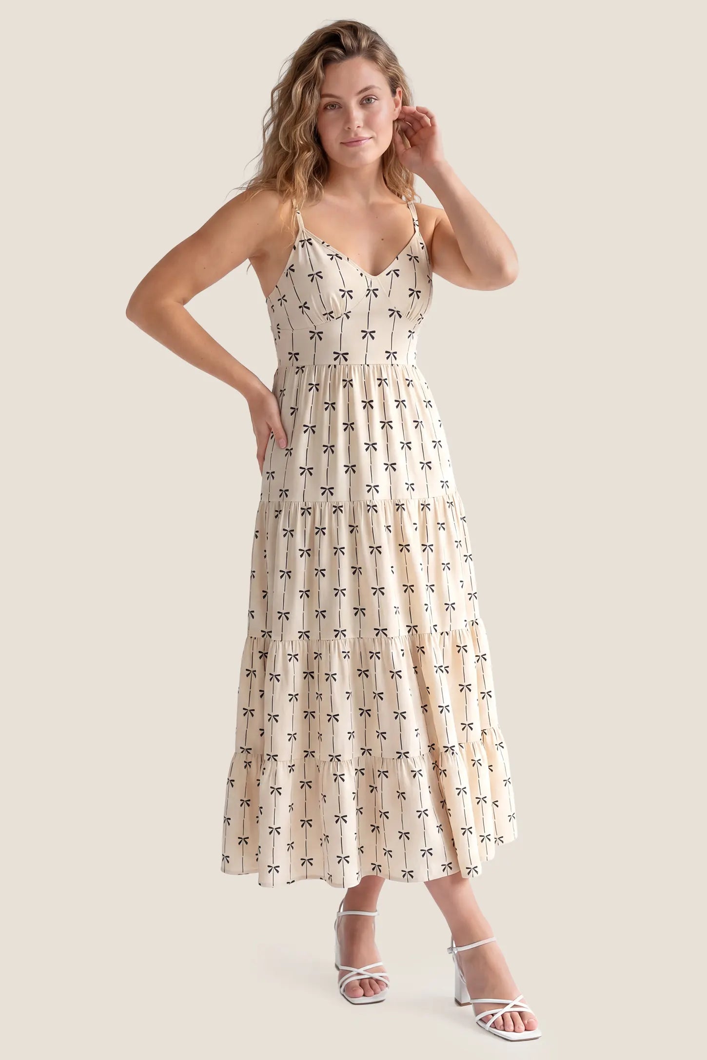 Print Tiered Cami Maternity Maxi Dress Print Tiered Cami Maternity Maxi Dress in Khaki with printed tiered design, front view on a non pregnant model.