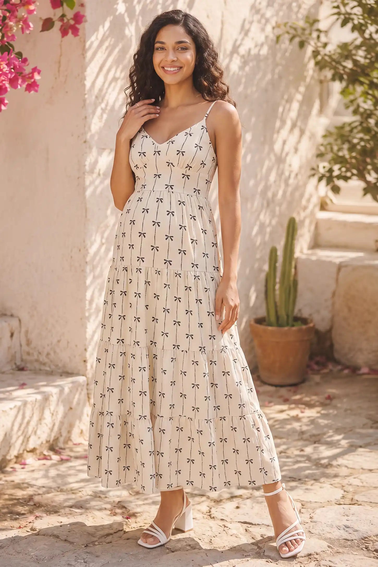 Print Tiered Cami Maternity Maxi Dress Print Tiered Cami Maternity Maxi Dress in Khaki with printed tiered design, lifestyle view on a non pregnant model.