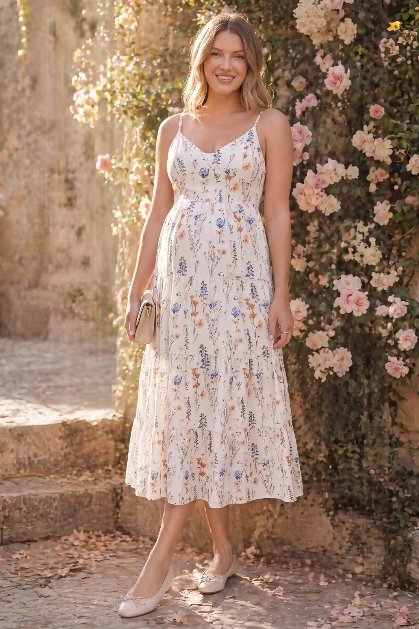 Print Tiered Cami Maternity Maxi Dress Print Tiered Cami Maternity Maxi Dress in White with blue and orange flowers, lifestyle view on a pregnant model 