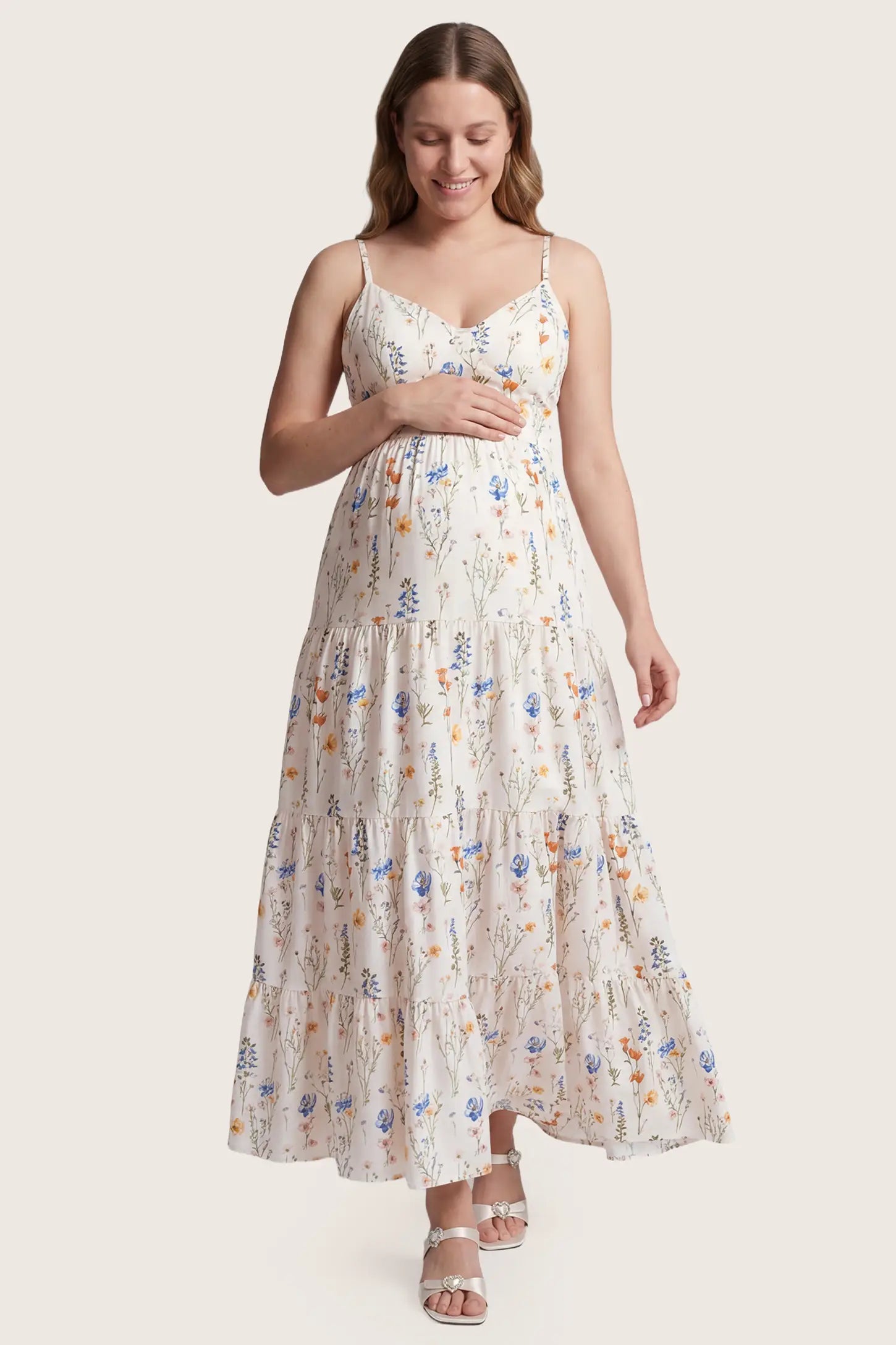 Print Tiered Cami Maternity Maxi Dress Print Tiered Cami Maternity Maxi Dress in White showing the comfortable fit for all shapes, front view on a plus-size model.