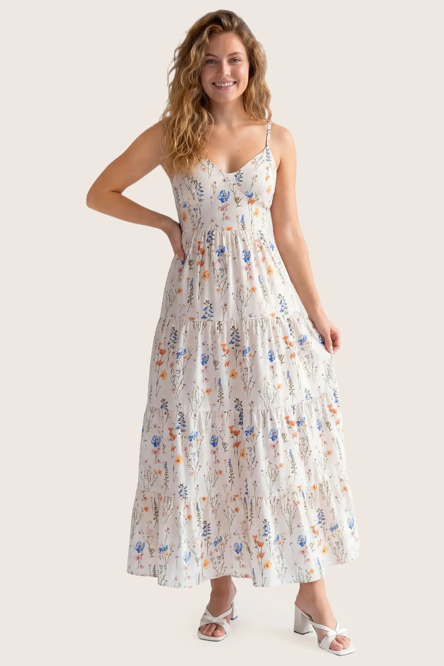Print Tiered Cami Maternity Maxi Dress Print Tiered Cami Maternity Maxi Dress in White with cotton fabric drape, front view on a non pregnant model.