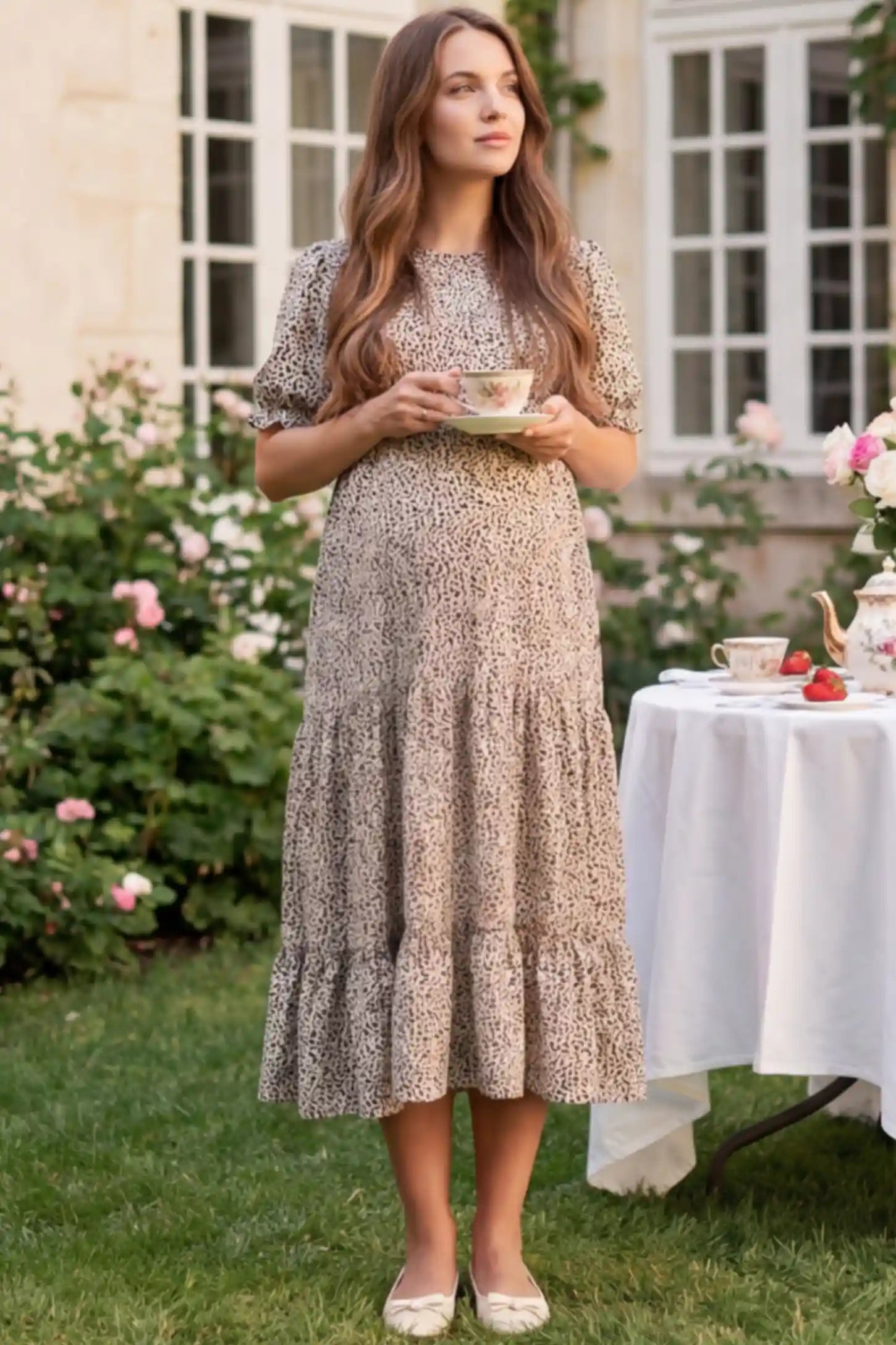 Printed Short Sleeve Tiered Maternity Midi Dress Printed Short Sleeve Tiered Maternity Midi Dress in apricot featuring round neck, tiered A-line skirt on a pregnant woman in outdoor setting, front view.