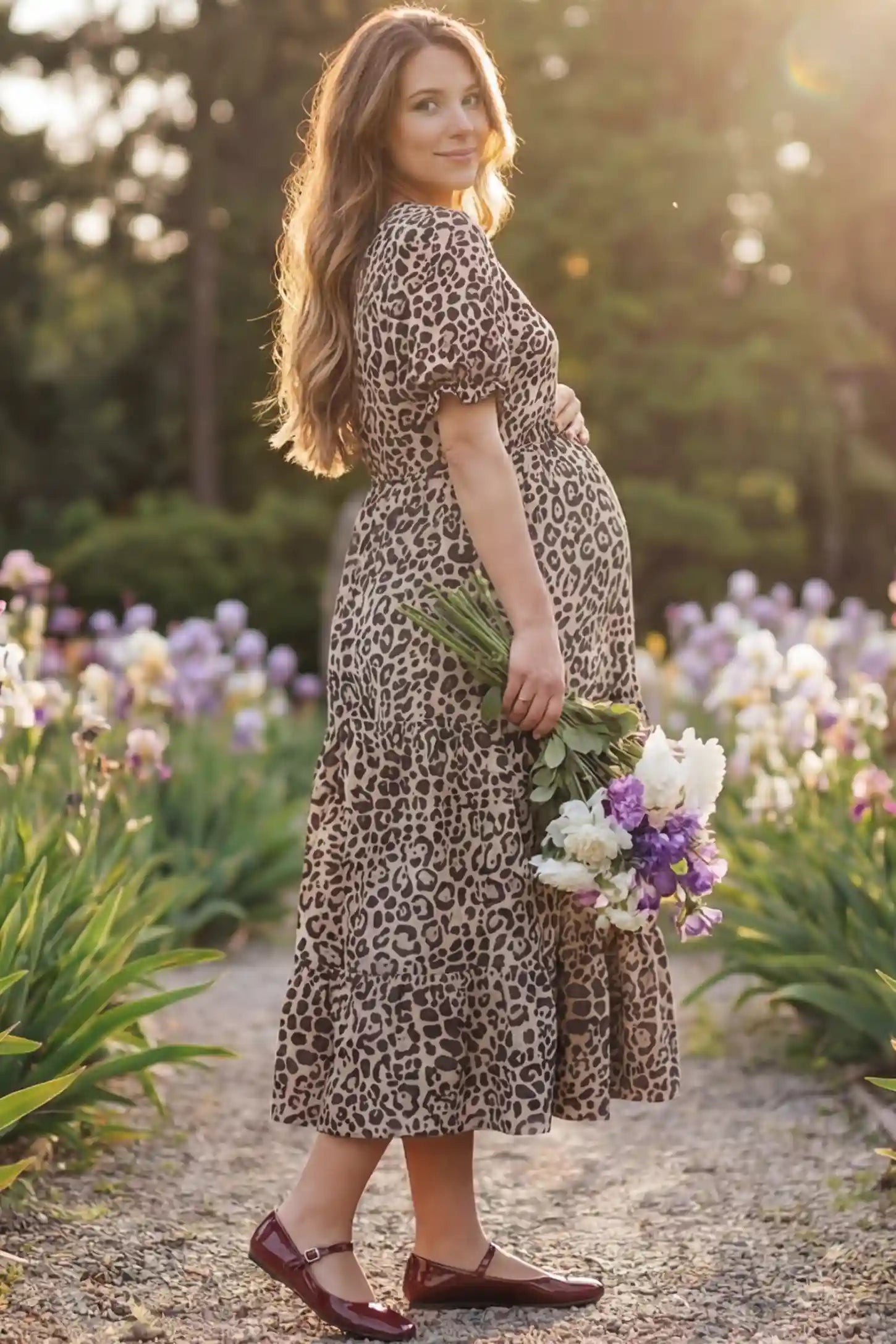 Printed Short Sleeve Tiered Maternity Midi Dress Printed Short Sleeve Tiered Maternity Midi Dress in leopard print featuring round neck, tiered A-line skirt on a pregnant woman in outdoor setting, side view.