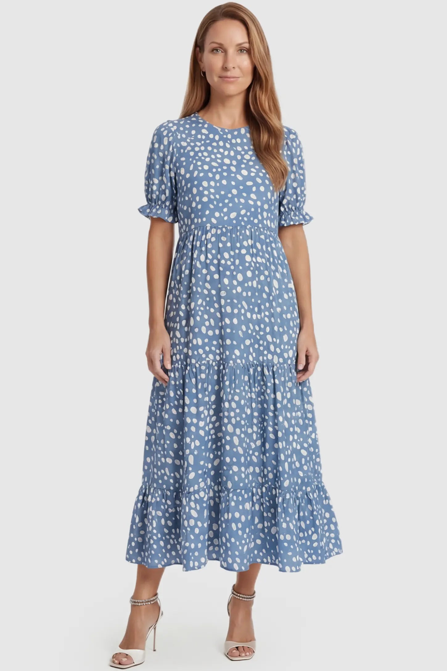 Printed Short Sleeve Tiered Maternity Midi Dress Printed Short Sleeve Tiered Maternity Midi Dress in light blue featuring round neck, tiered A-line skirt on a postpartum model, front view.