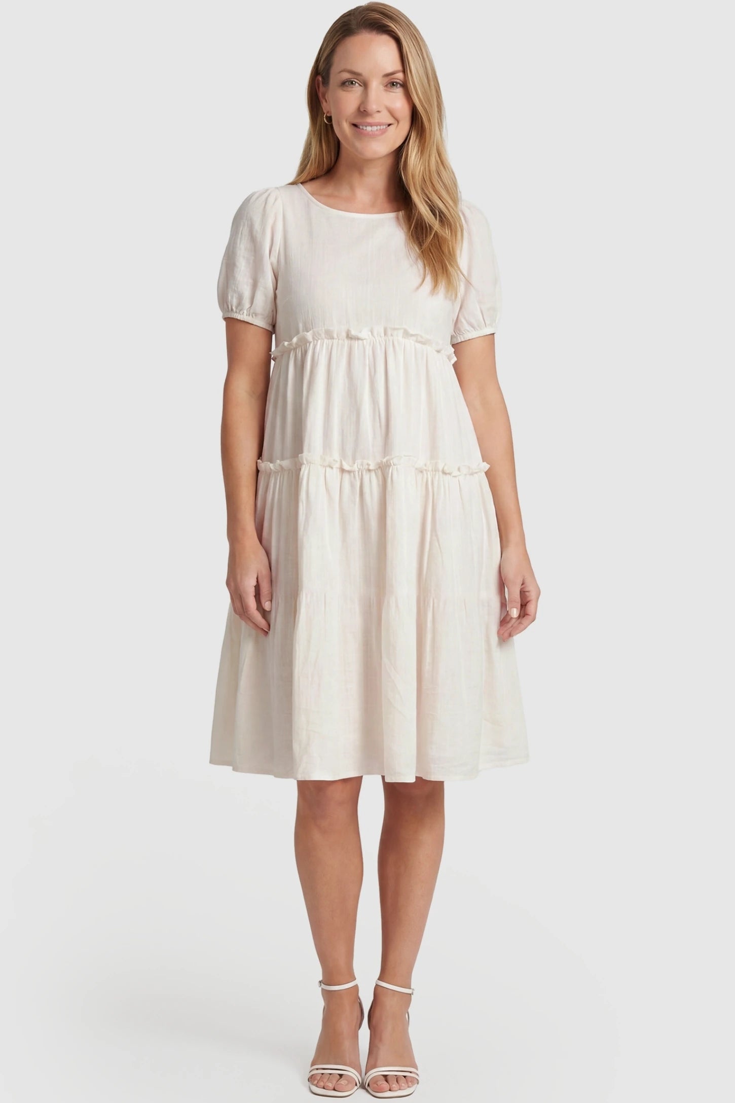 Puff Sleeve Tiered Midi Maternity Dress Puff Sleeve Tiered Midi Maternity Dress in Off-White featuring ruffled tiered skirt on a non-pregnant model, postpartum view.