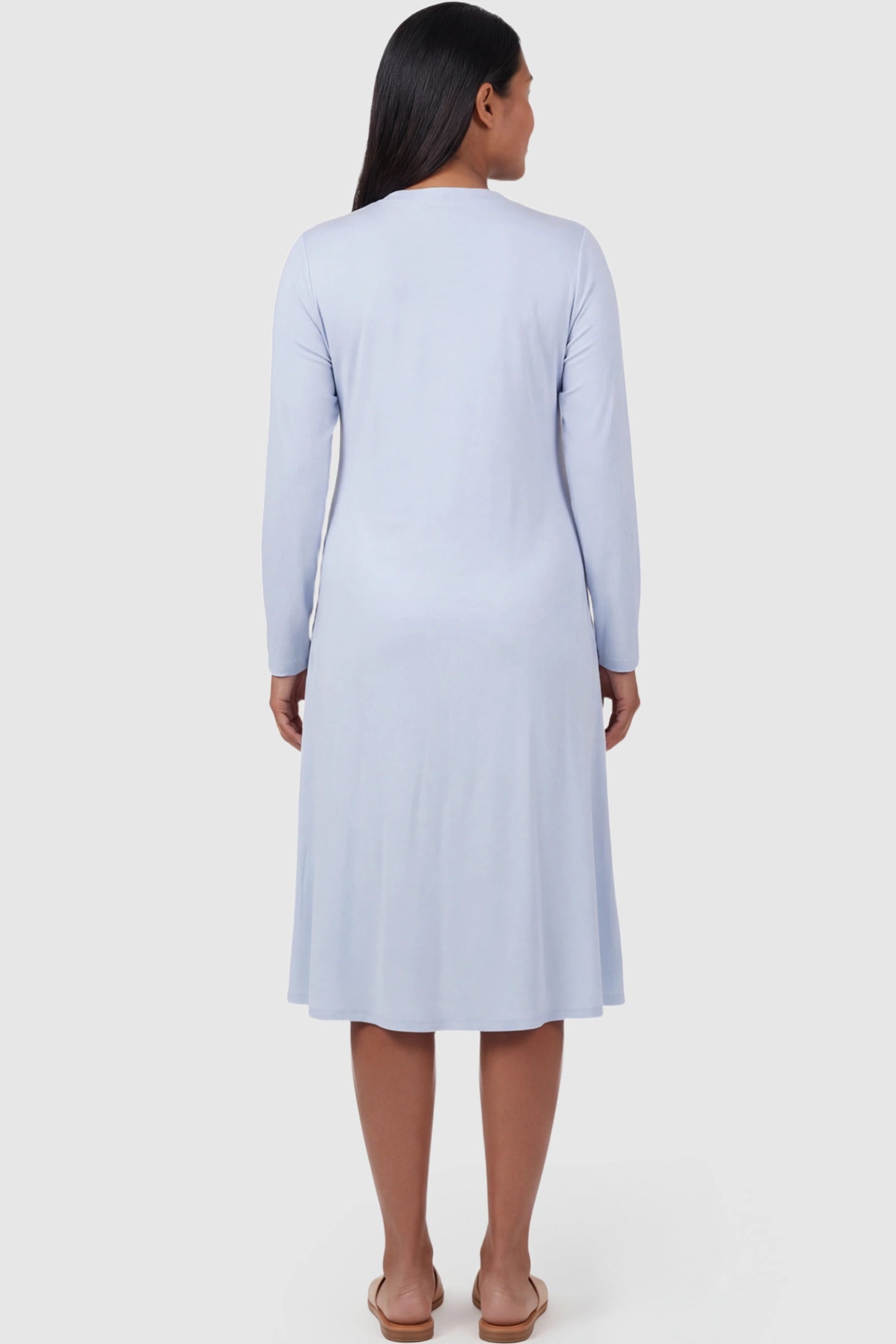 Pure Cotton V-Neck Button Front Maternity Nursing Sleepwear Pure Cotton V-Neck Button Front Maternity Nursing Dress in Light Blue featuring pure cotton on a pregnant model showing back.