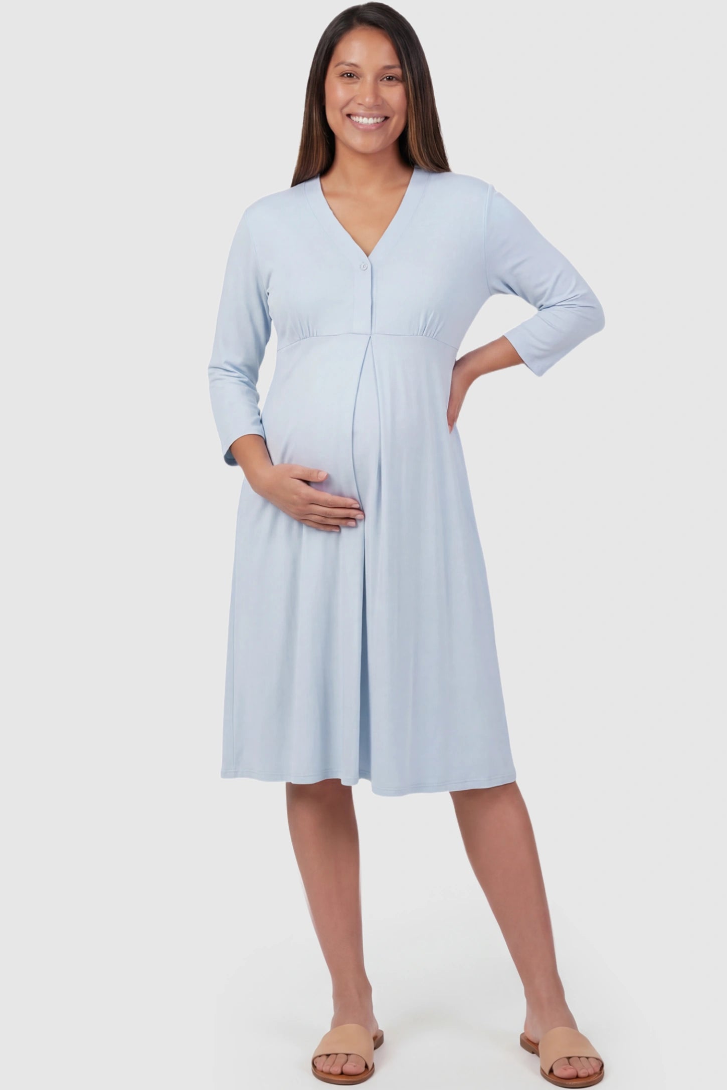 Pure Cotton V-Neck Button Front Maternity Nursing Sleepwear Pure Cotton V-Neck Button Front Maternity Nursing Dress in Light Blue featuring button front nursing on a pregnant model posing front.