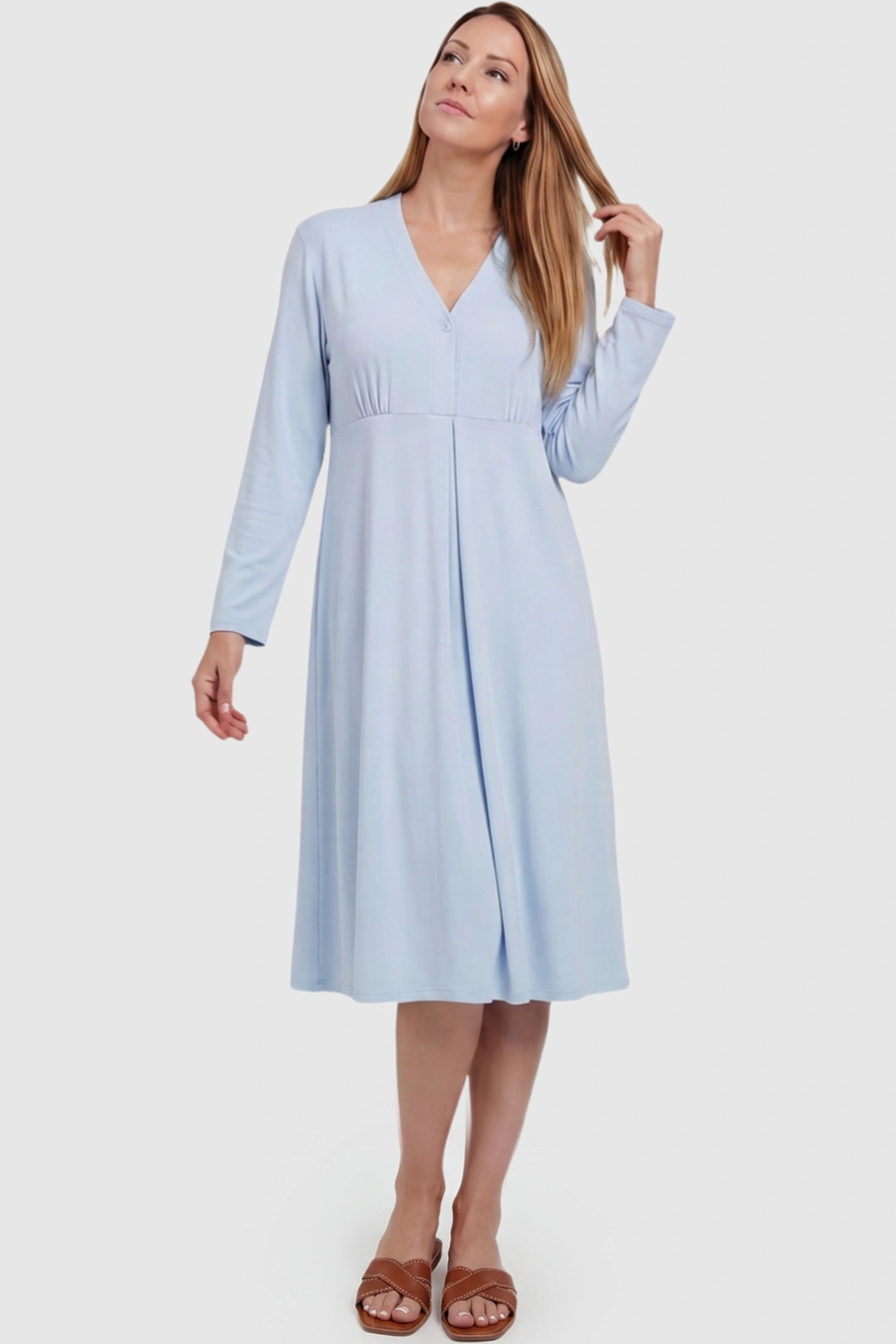 Pure Cotton V-Neck Button Front Maternity Nursing Sleepwear Pure Cotton V-Neck Button Front Maternity Nursing Dress in Light Blue featuring button front nursing on a postpartum model.
