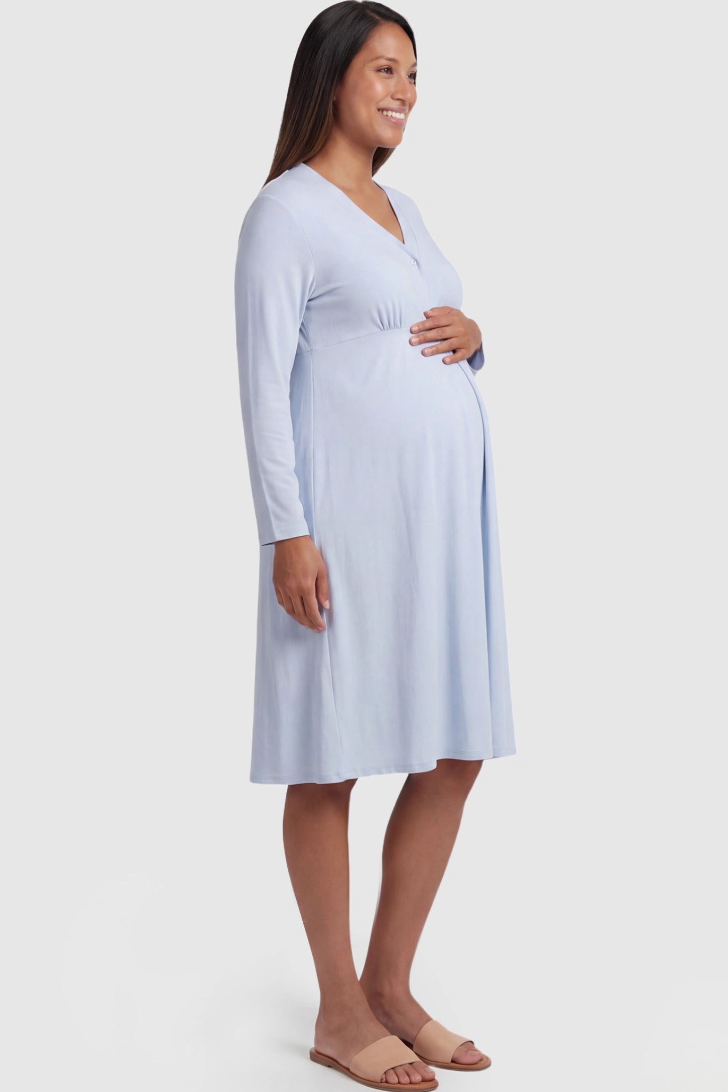 Pure Cotton V-Neck Button Front Maternity Nursing Sleepwear Pure Cotton V-Neck Button Front Maternity Nursing Dress in Light Blue featuring button front nursing on a pregnant model showing side.