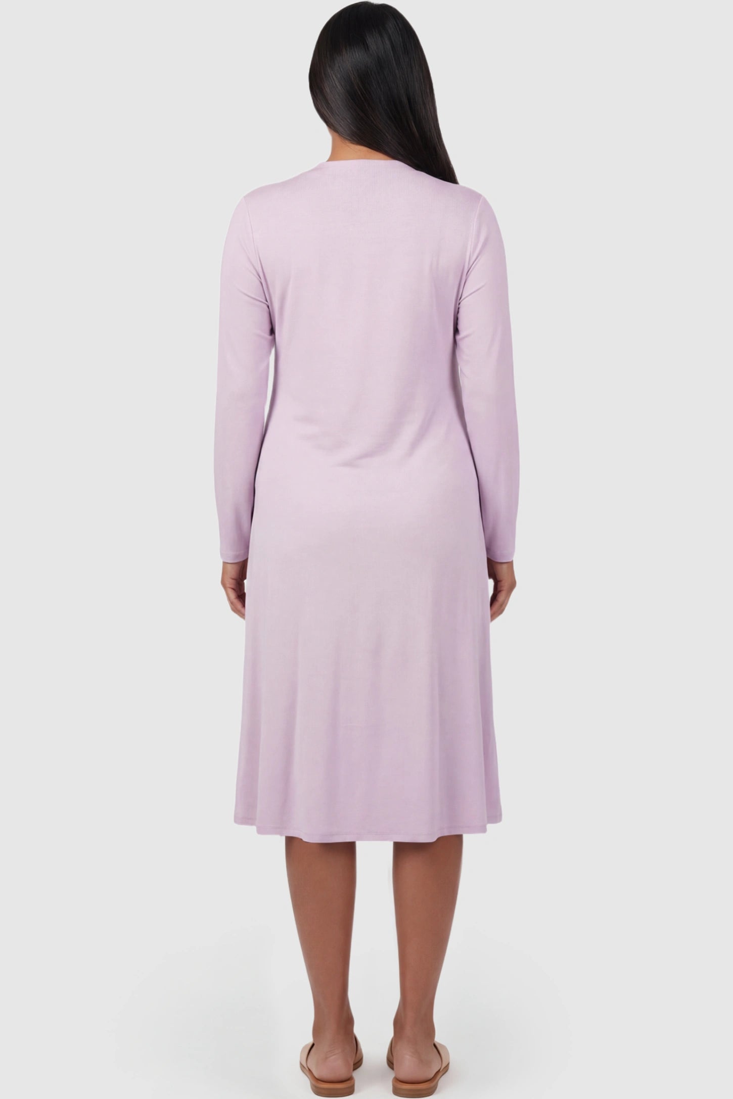 Pure Cotton V-Neck Button Front Maternity Nursing Sleepwear Pure Cotton V-Neck Button Front Maternity Nursing Dress in Light Purple featuring pure cotton fabric on a pregnant model showing back.