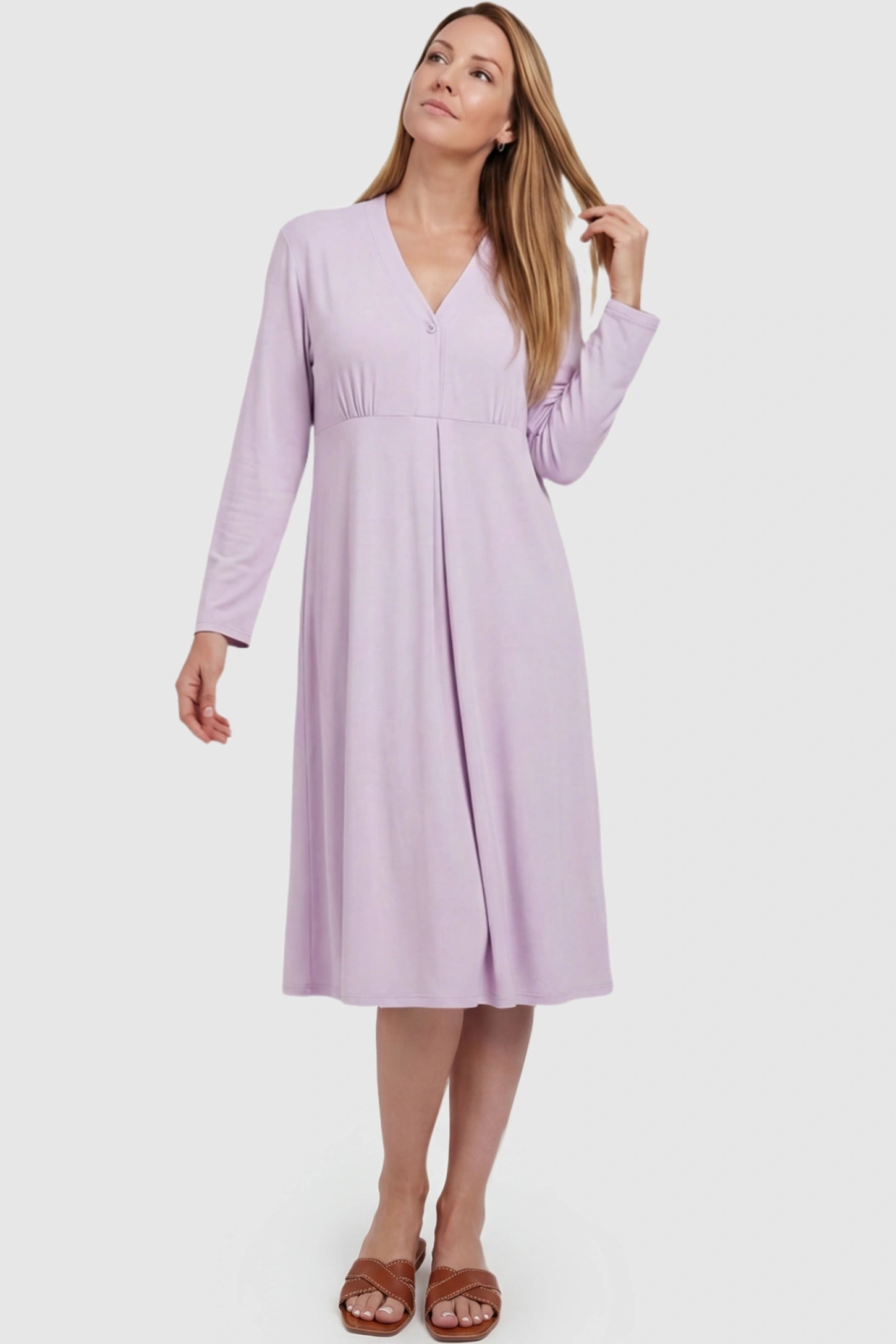 Pure Cotton V-Neck Button Front Maternity Nursing Sleepwear Pure Cotton V-Neck Button Front Maternity Nursing Dress in Light Purple featuring button front nursing on a postpartum model.